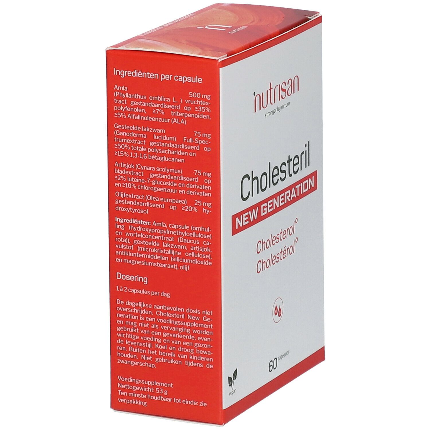 Schuinstaande witte doos met rode tekst. Opschrift: Nutrisan Cholesteril New Generation. 60 capsules.