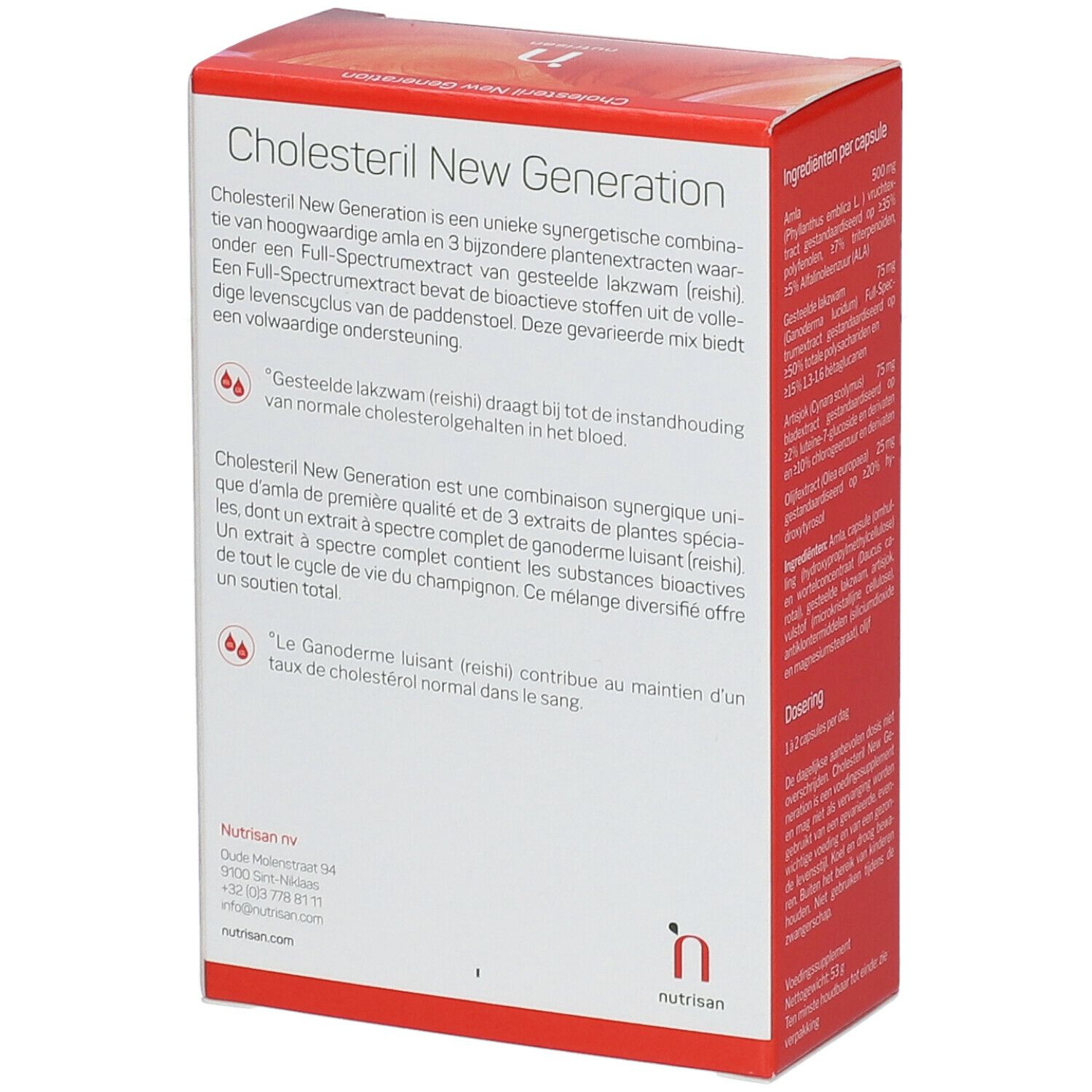 Achterkant van een witte doos met rode tekst. Tekst: Cholesteril New Generation. Ingrediënten per capsule.