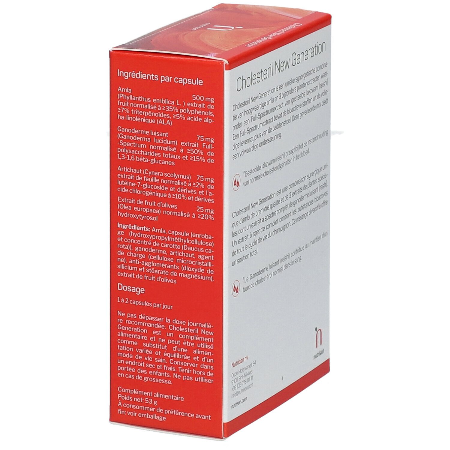 Doos met rode tekst. Tekst: Cholesteril New Generation. Ingrediënten per capsule. Gewicht 53g.