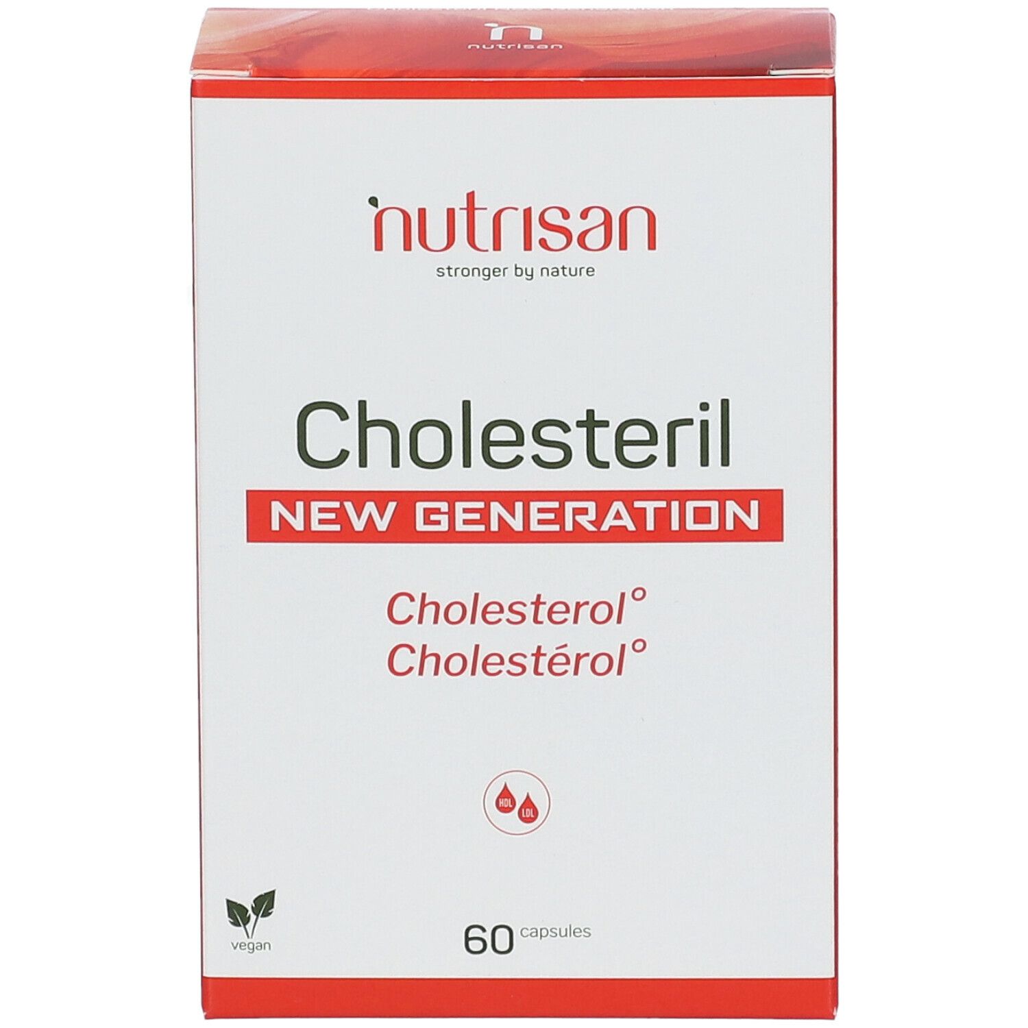 Witte doos met rode tekst. Opschrift: Nutrisan Cholesteril New Generation. 60 capsules. Vegan-zegel.