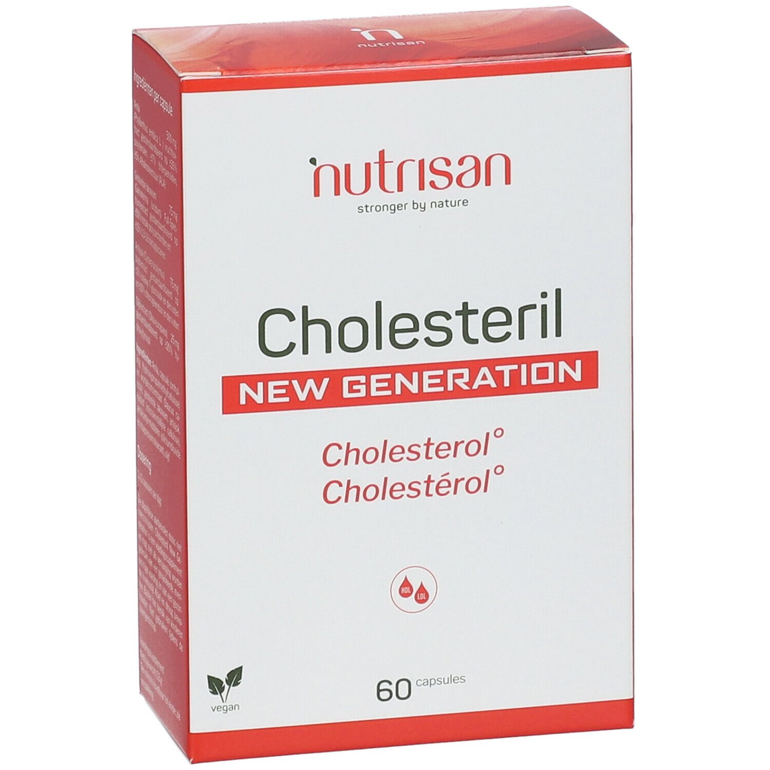 Witte doos met rode tekst. Opschrift: Nutrisan Cholesteril New Generation. 60 capsules. Vegan-zegel.