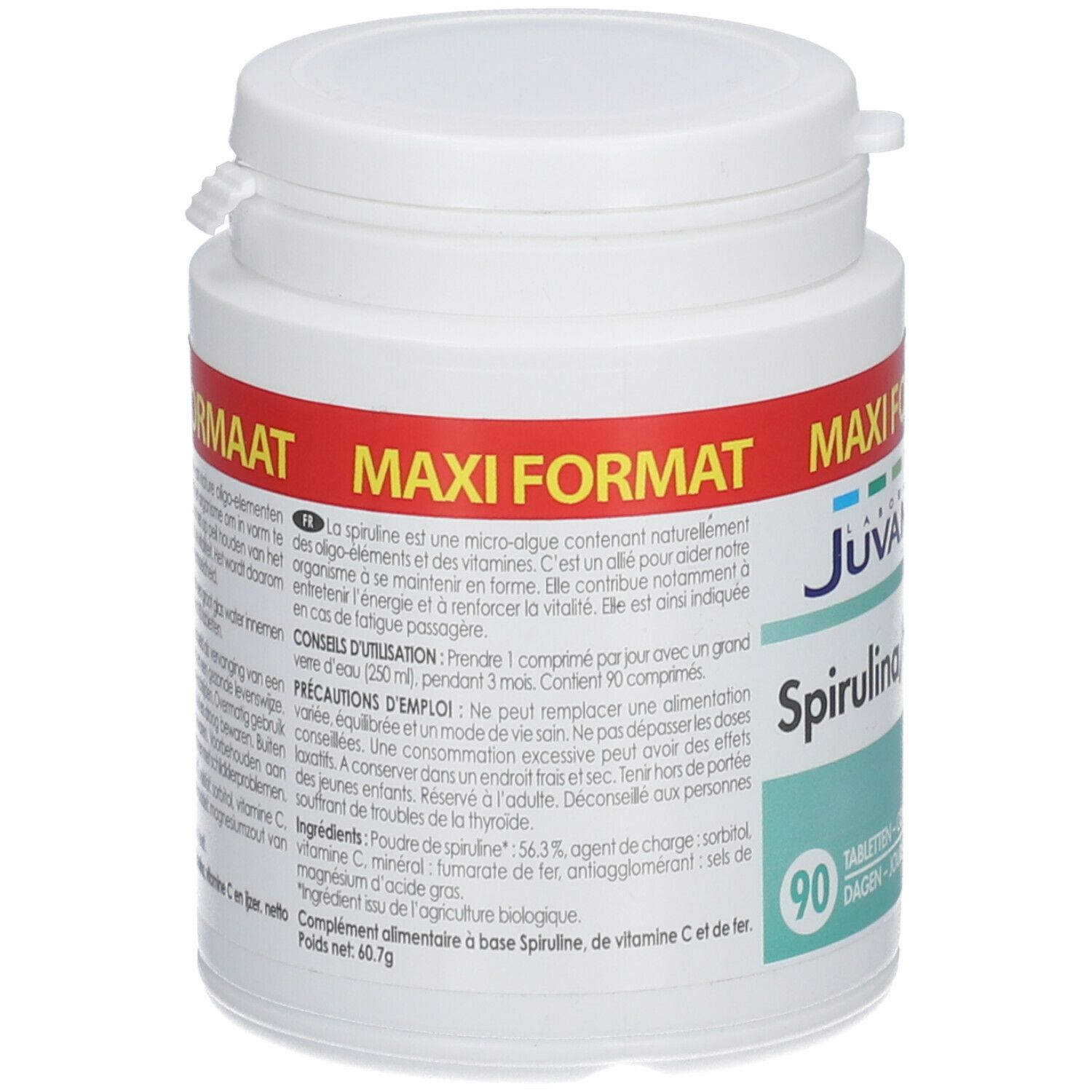 Witte pot met rood etiket. Tekst: Maxi Formaat, Juvamine Spiruline, 90 tabletten. Achterkant met tekst.