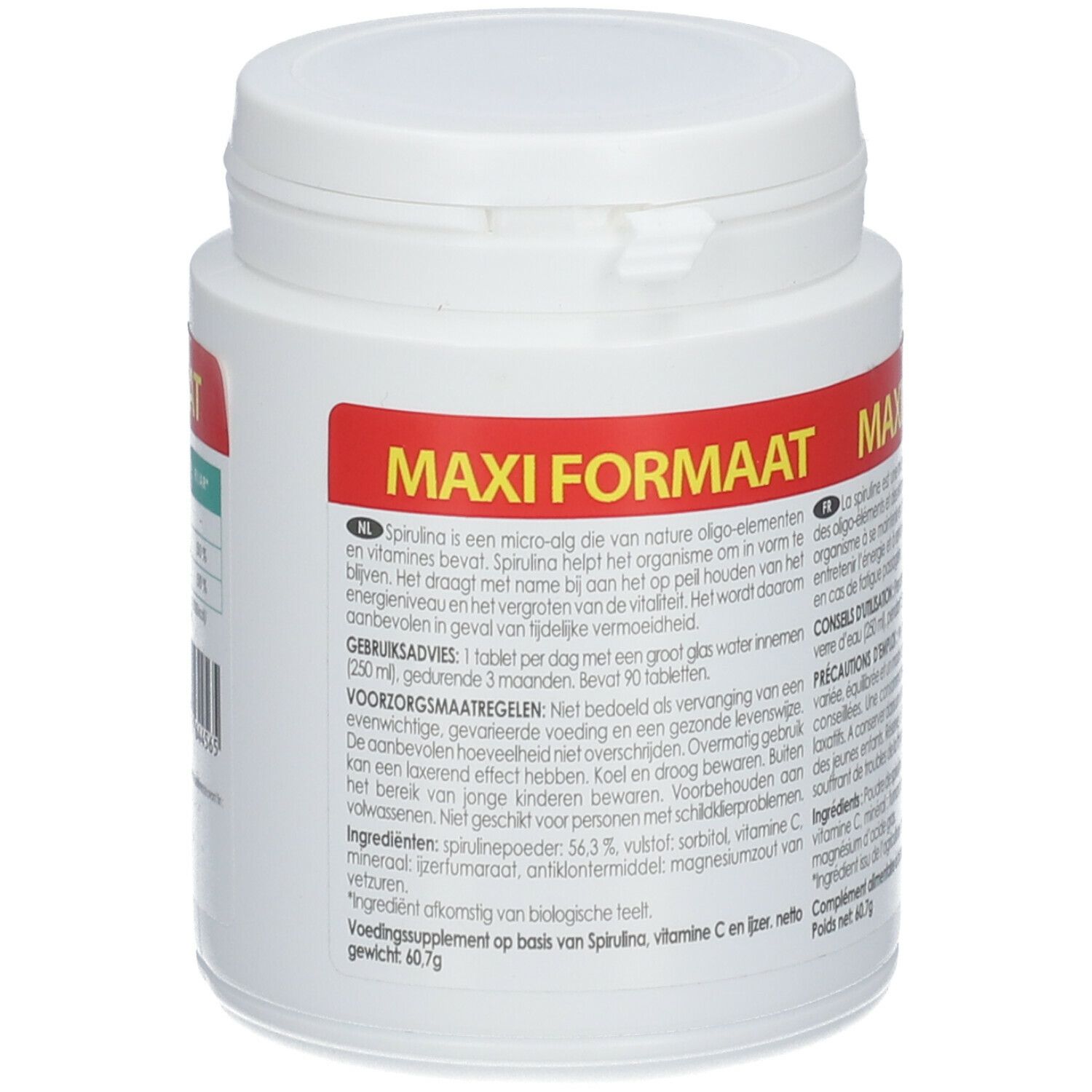 Witte pot met rood etiket. Tekst: Maxi Formaat, Juvamine Spiruline, 90 tabletten. Achterkant met tekst.