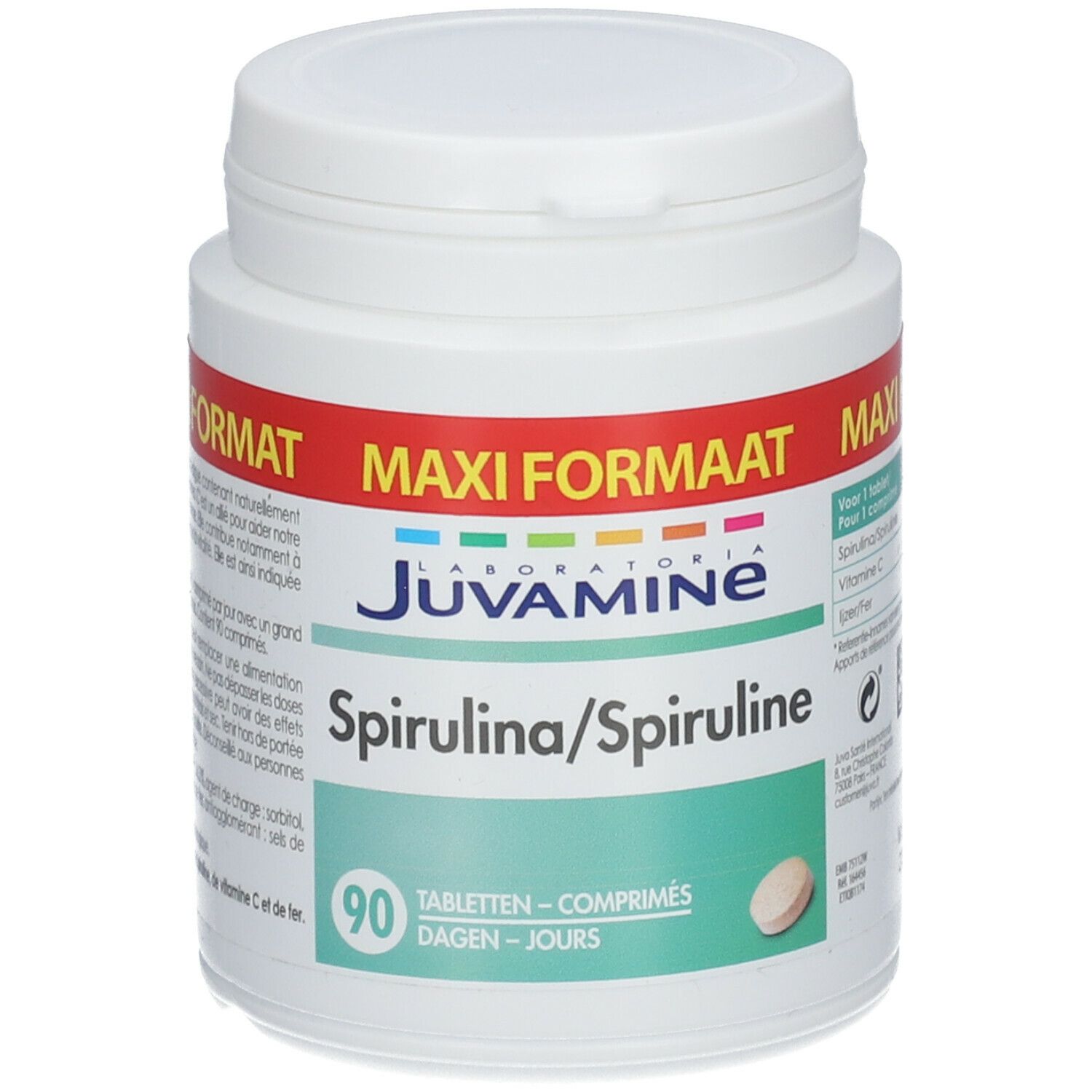 Witte pot met rood en groen etiket. Opschrift: Juvamine Spiruline, 90 tabletten. Eén tablet is zichtbaar.