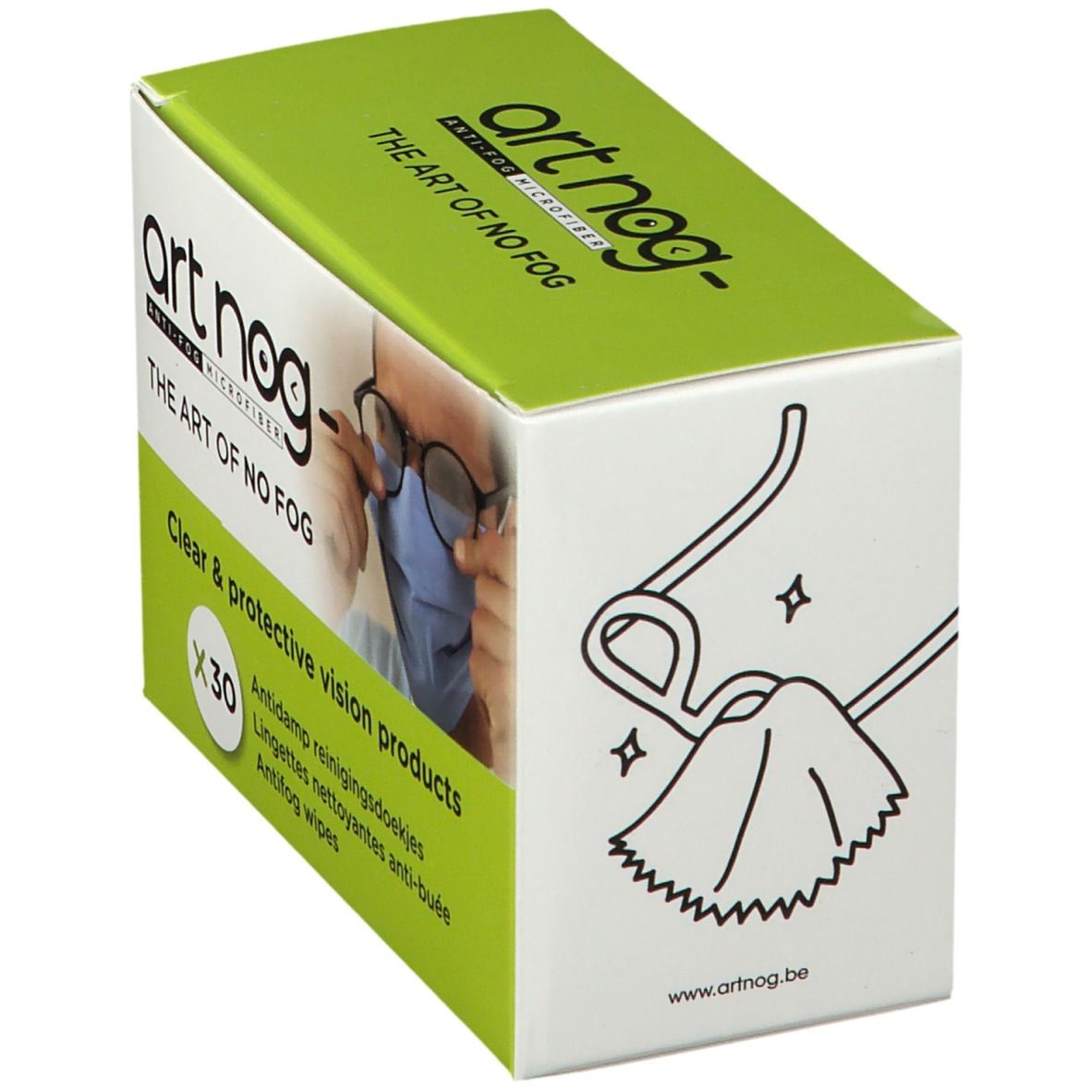 Schachtel mit "art nog"-Logo und Text. Enthält 30 Antifog-Tücher. Illustration: Brille und Tuch.