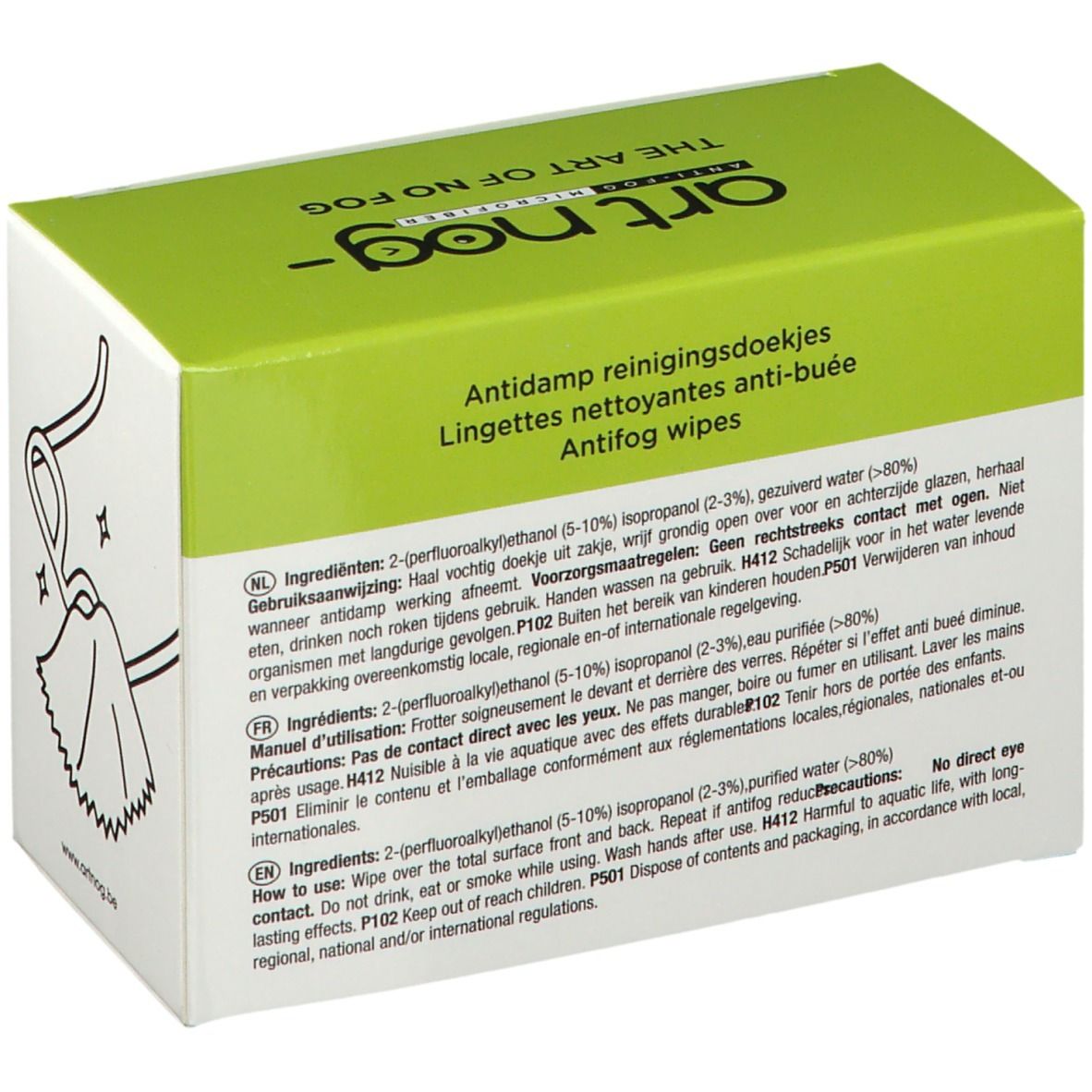 Schachtel mit "art nog"-Logo und Text. Enthält 30 Antifog-Tücher. Text: Inhaltsstoffe, Gebrauchsanweisung und Vorsichtsmaßnahmen.