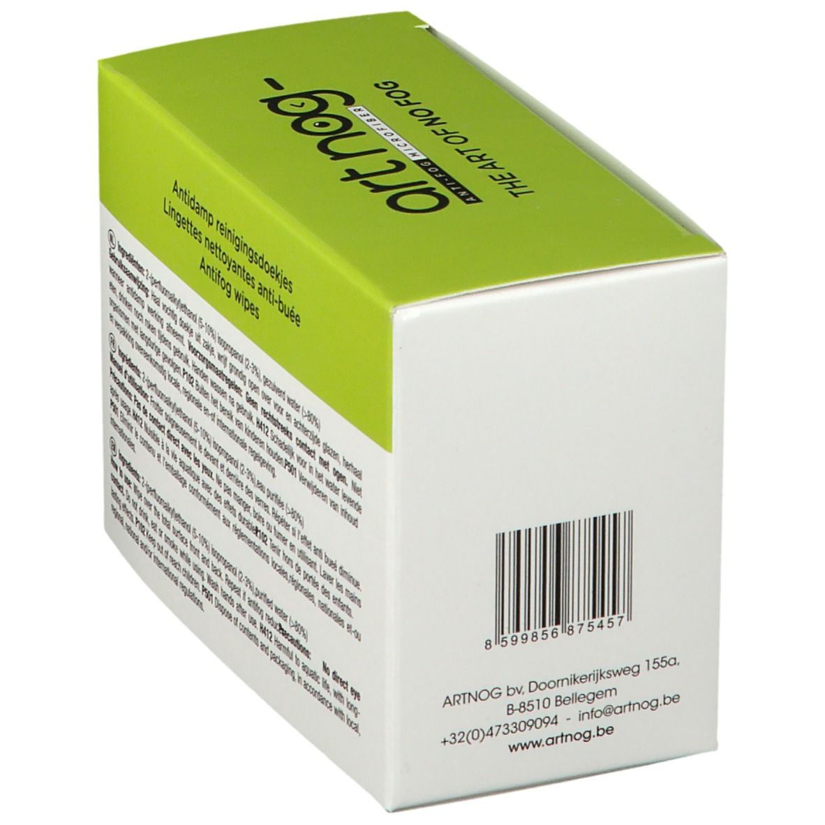 Schachtel mit "art nog"-Logo und Text. Barcode und Kontaktinformationen. Text: "Antidamp reinigingsdoekjes".