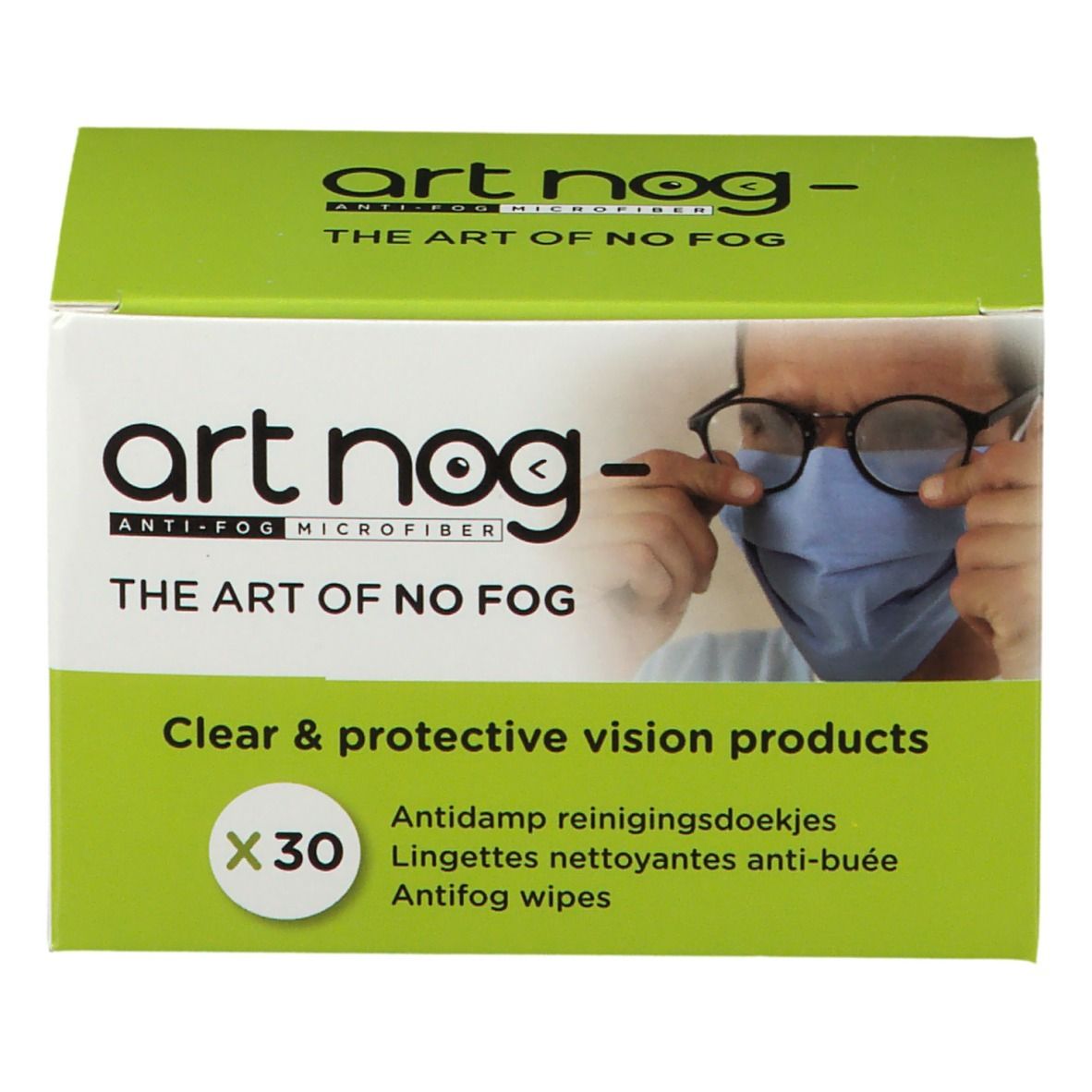 Schachtel mit "art nog"-Logo und Text. Enthält 30 Antifog-Tücher. Aufdruck: "Clear & protective vision products".