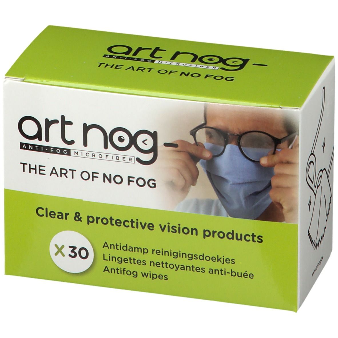 Schachtel mit "art nog"-Logo und Text. Enthält 30 Antifog-Tücher. Aufdruck: "Clear & protective vision products".