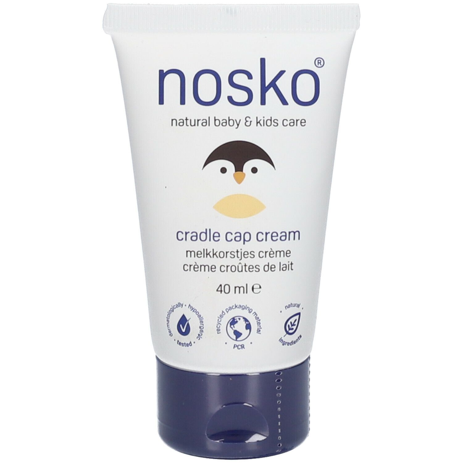 Tube nosko® crème. Wit, blauwe dop. Opschrift: cradle cap cream, pinguïn illustratie, 40 ml.