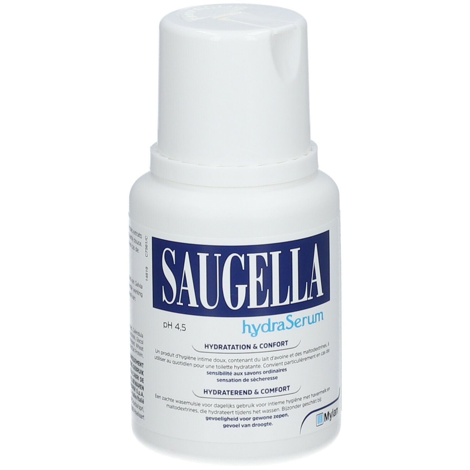 Witte fles met blauw etiket. SAUGELLA hydraSerum, pH 4.5. Meertalige tekst.