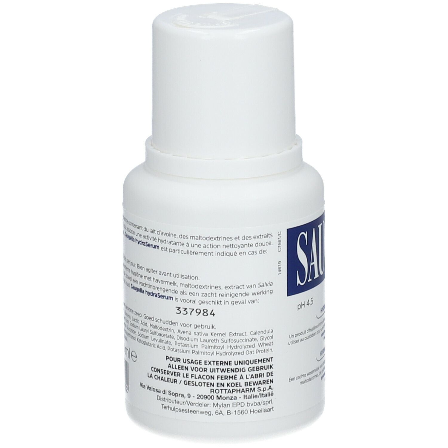 Achterkant van de witte fles. SAUGELLA hydraSerum. Tekst met ingrediënten en gebruiksaanwijzing.