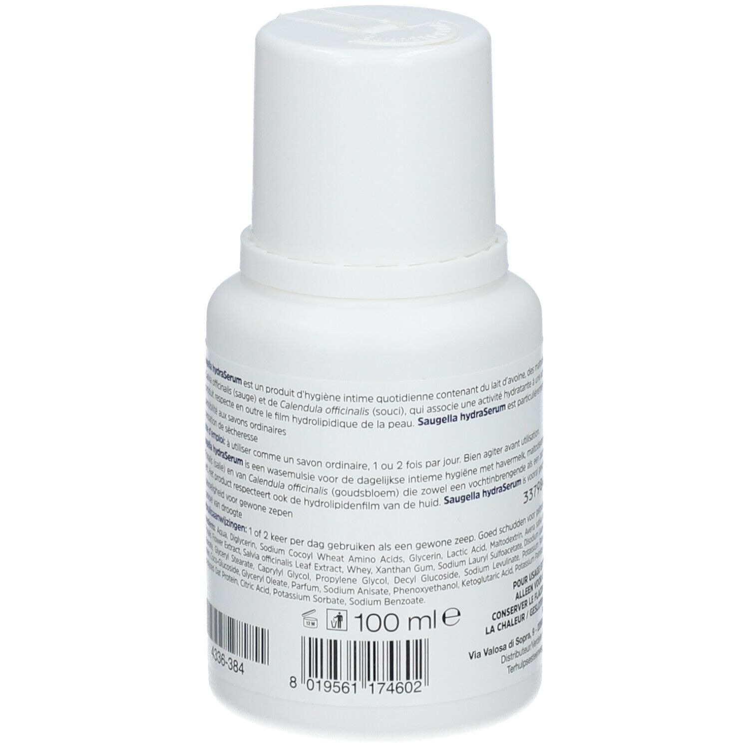 Achterkant van de witte fles. SAUGELLA hydraSerum. Tekst met ingrediënten en gebruiksaanwijzing.