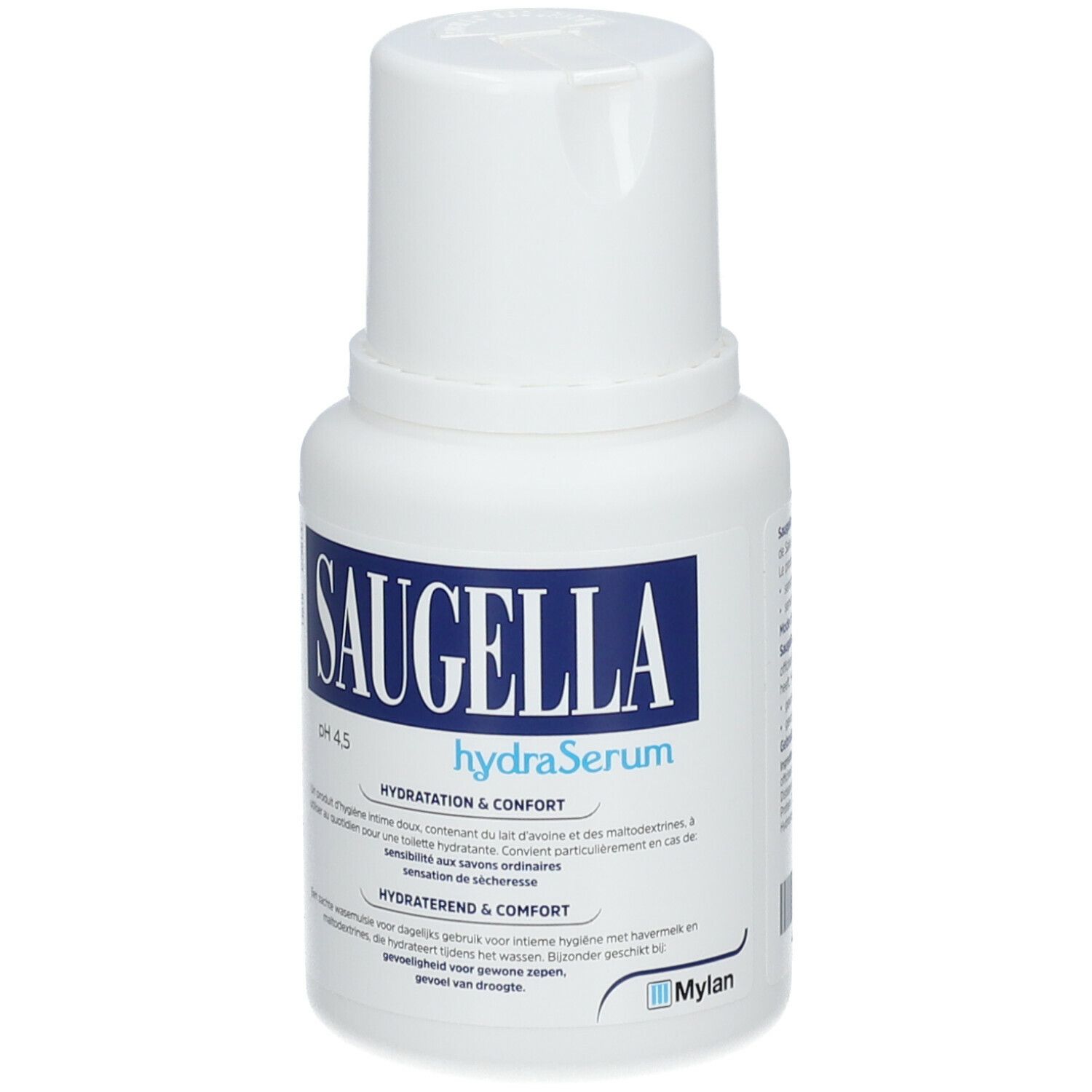 Witte fles met blauw etiket. SAUGELLA hydraSerum, pH 4.5. Meertalige tekst.
