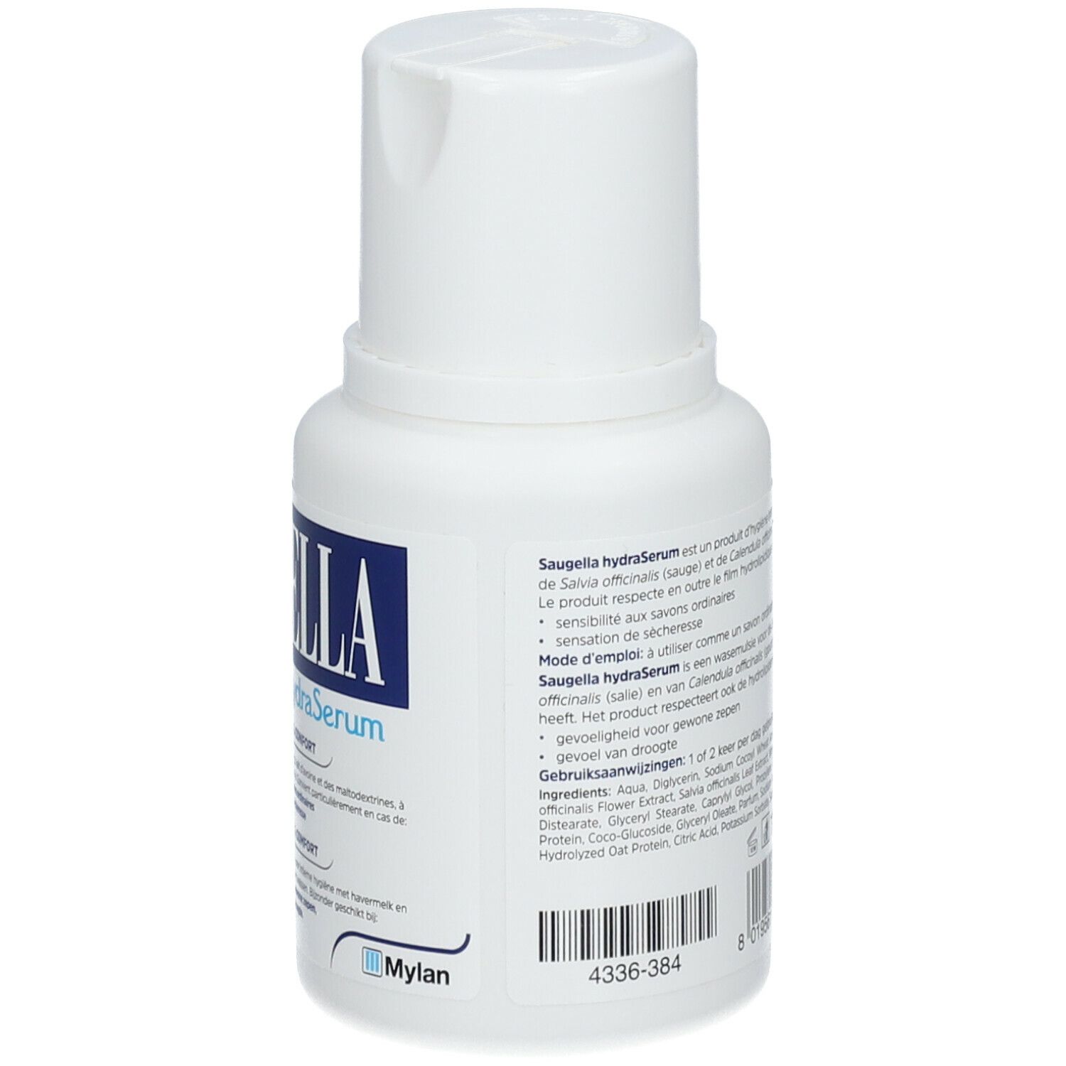 Achterkant van de witte fles. SAUGELLA hydraSerum. Tekst met ingrediënten en gebruiksaanwijzing.