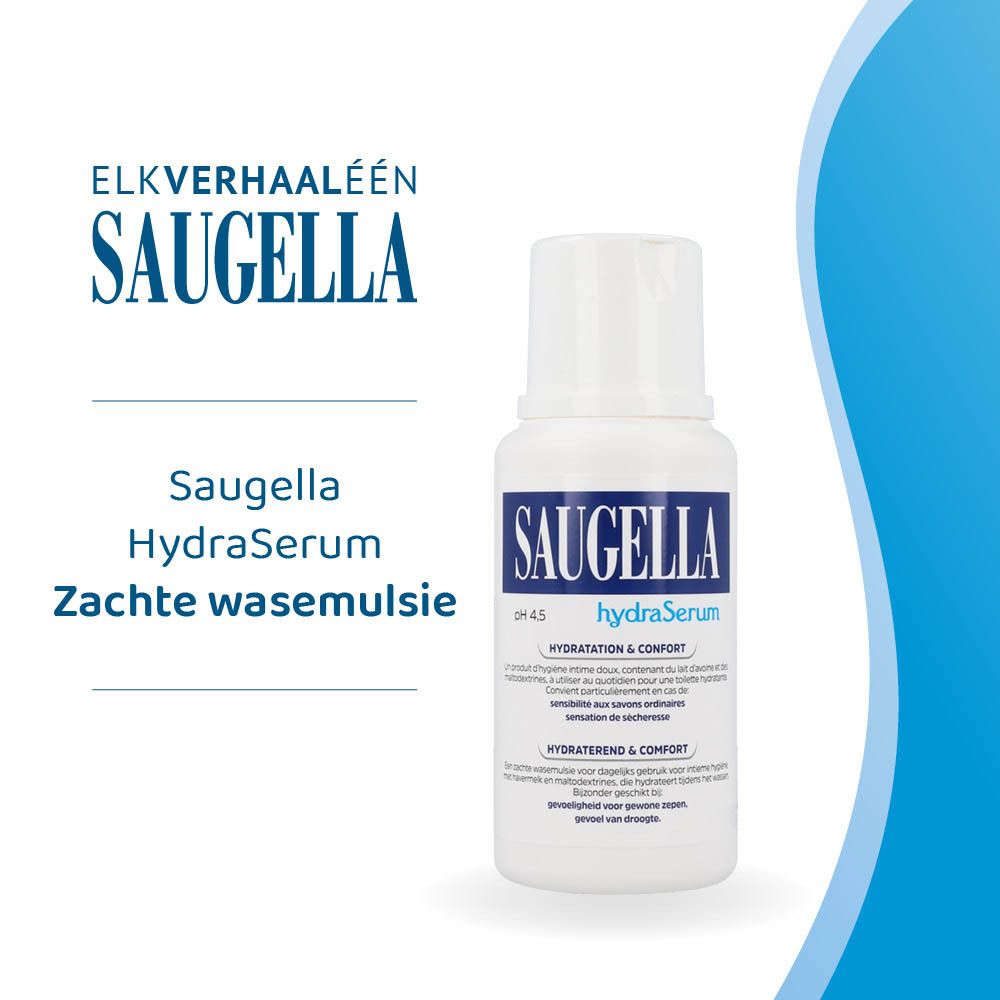 Reclamebeeld. SAUGELLA hydraSerum. Meertalige tekst.