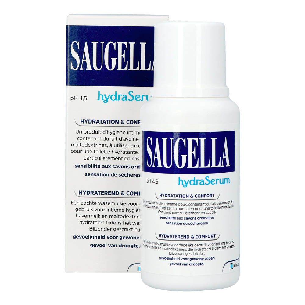 Saugella hydraSerum fles en doos. Blauwe tekst, witte achtergrond.