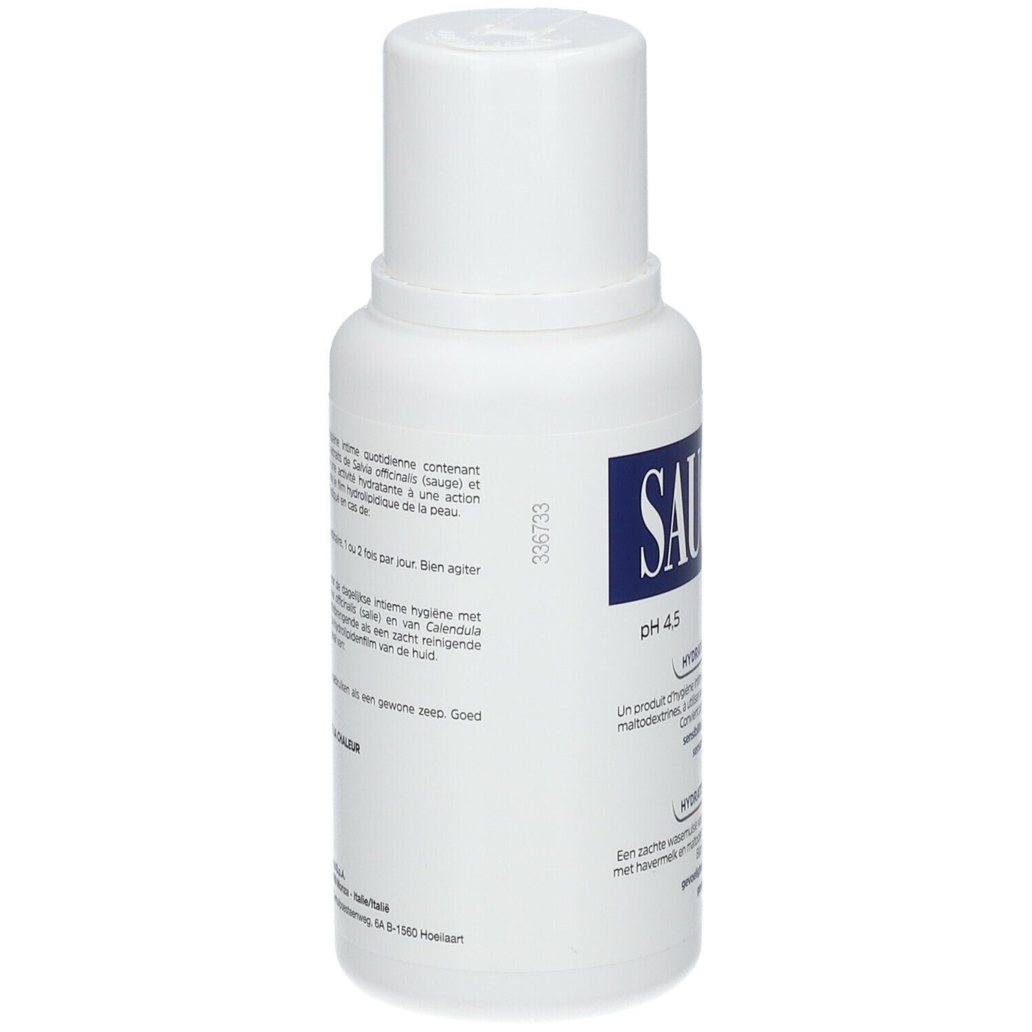 Witte fles Saugella hydraSerum. Blauwe tekst, witte dop. Achteraanzicht.