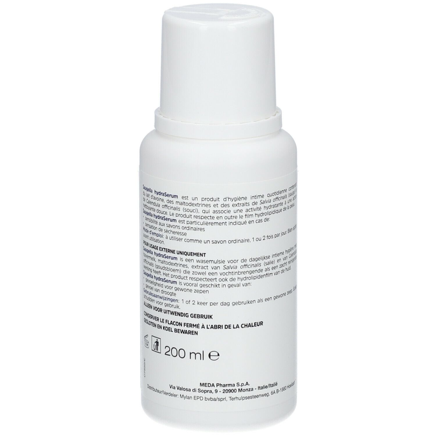 Witte fles Saugella hydraSerum. Blauwe tekst, witte dop. Achterkant met tekst.