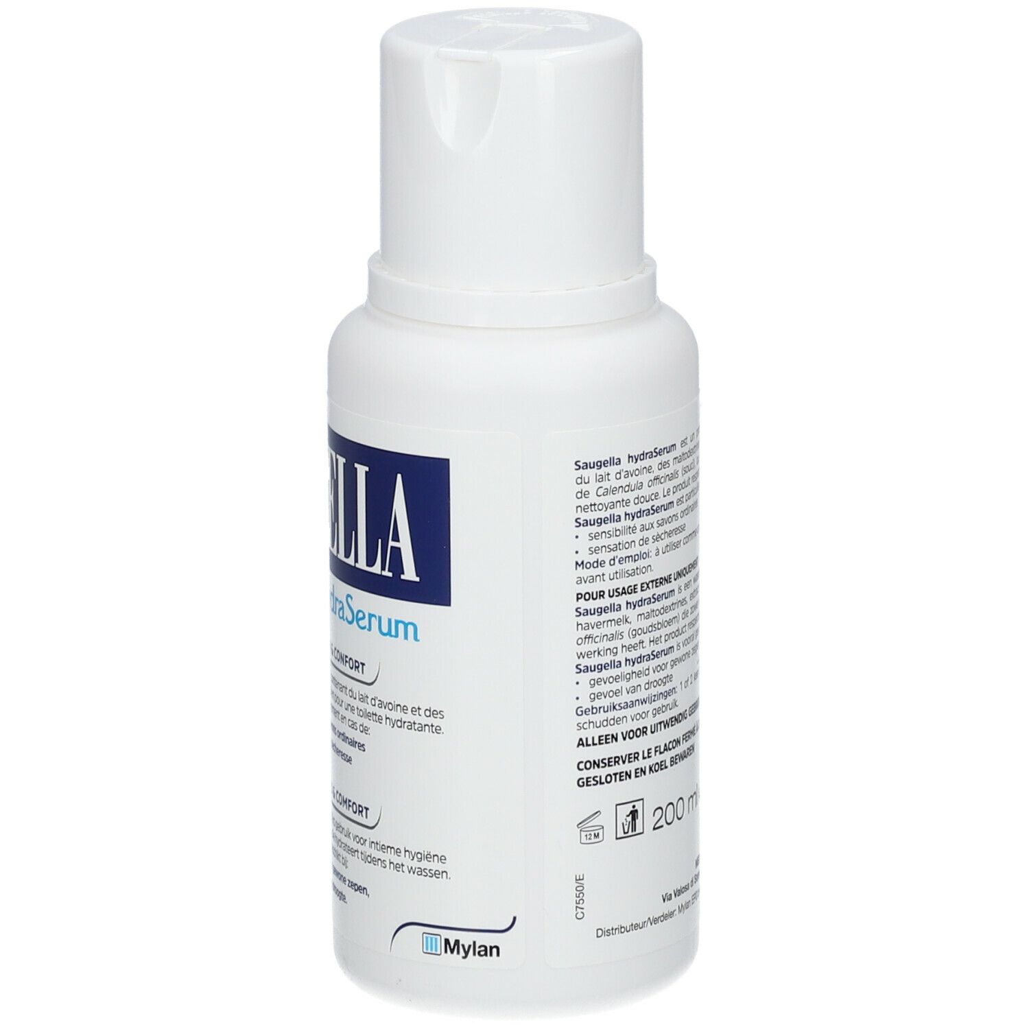 Witte fles Saugella hydraSerum. Blauwe tekst, witte dop. Achterkant met tekst.