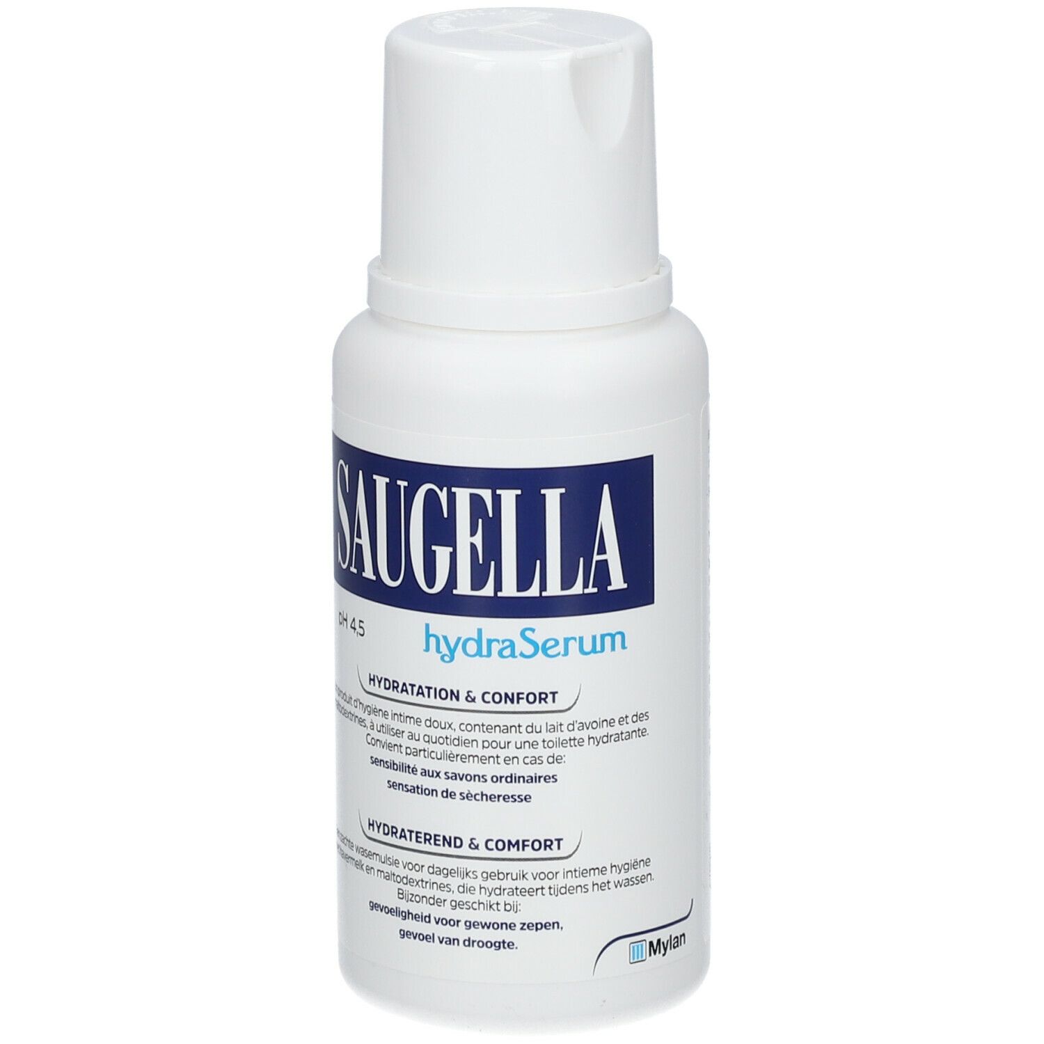 Witte fles Saugella hydraSerum. Blauwe tekst, witte dop. Vooraanzicht.