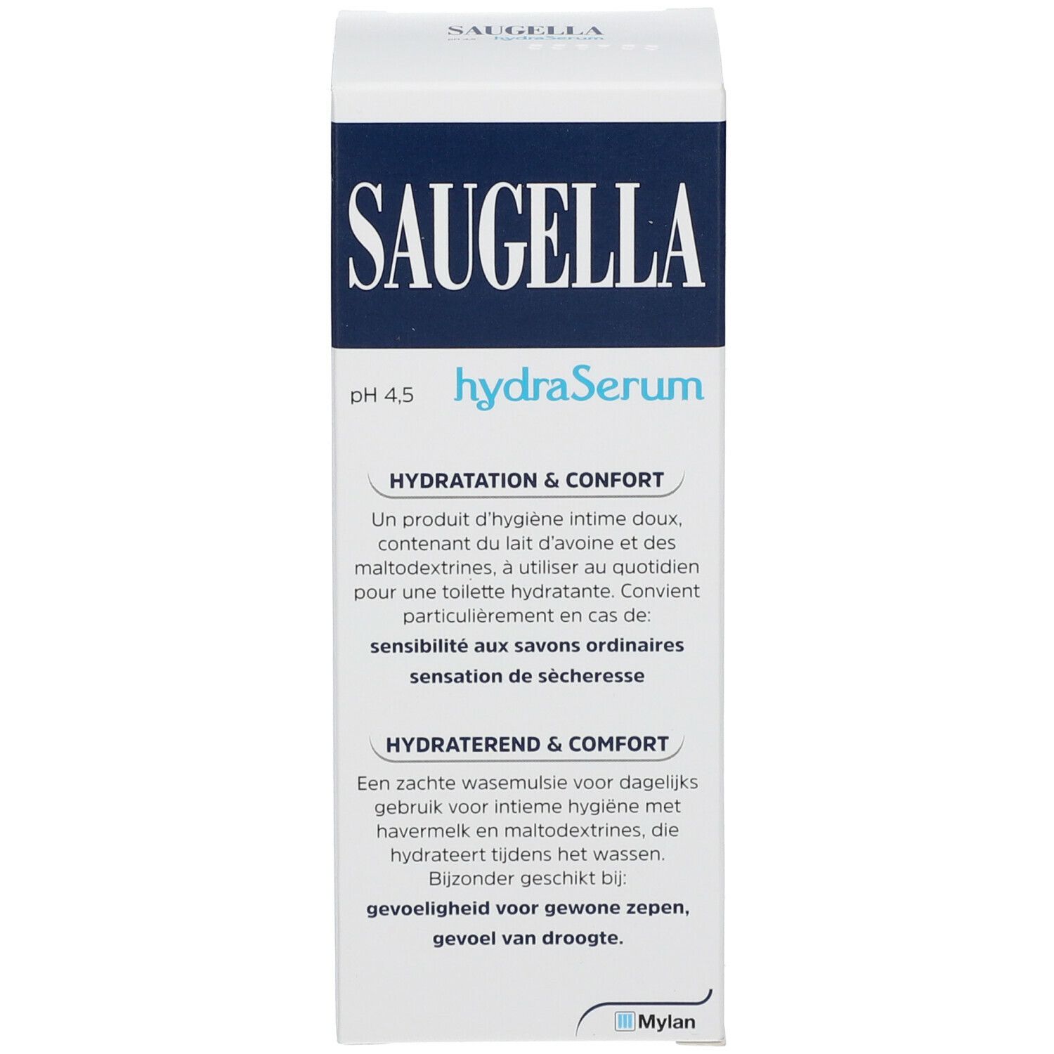 Saugella hydraSerum doos. Blauwe tekst, witte achtergrond.