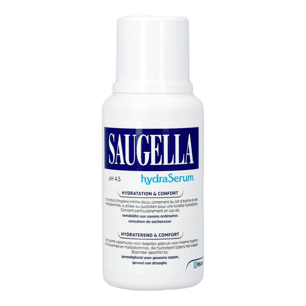 Saugella hydraSerum fles en doos. Blauwe tekst, witte achtergrond.