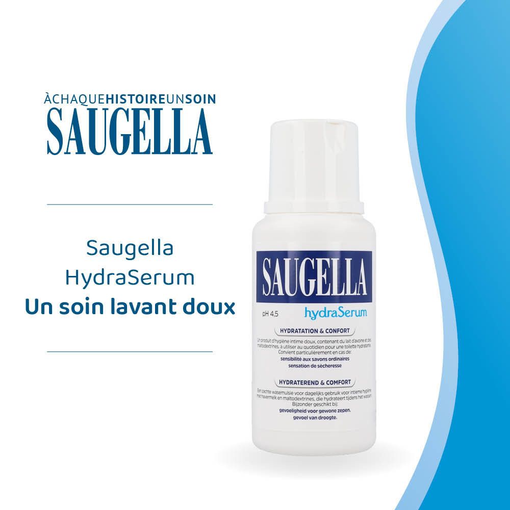 Flacon Saugella hydraSerum. Écriture bleue, fond blanc. 200 ml.