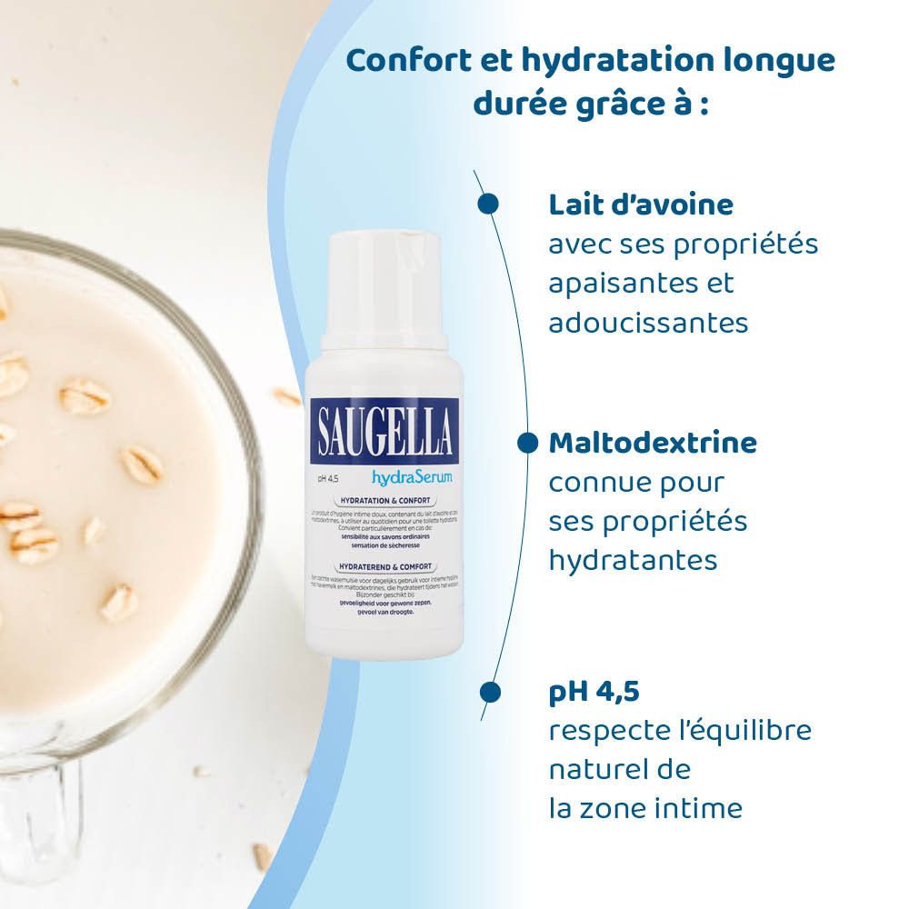 Flacon Saugella hydraSerum. Écriture bleue, fond blanc. 200 ml.