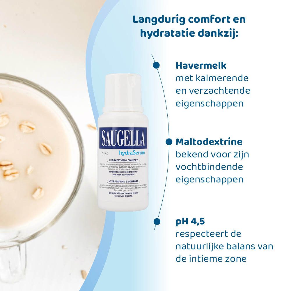 Saugella hydraSerum fles. Blauwe tekst, witte achtergrond. 200 ml.