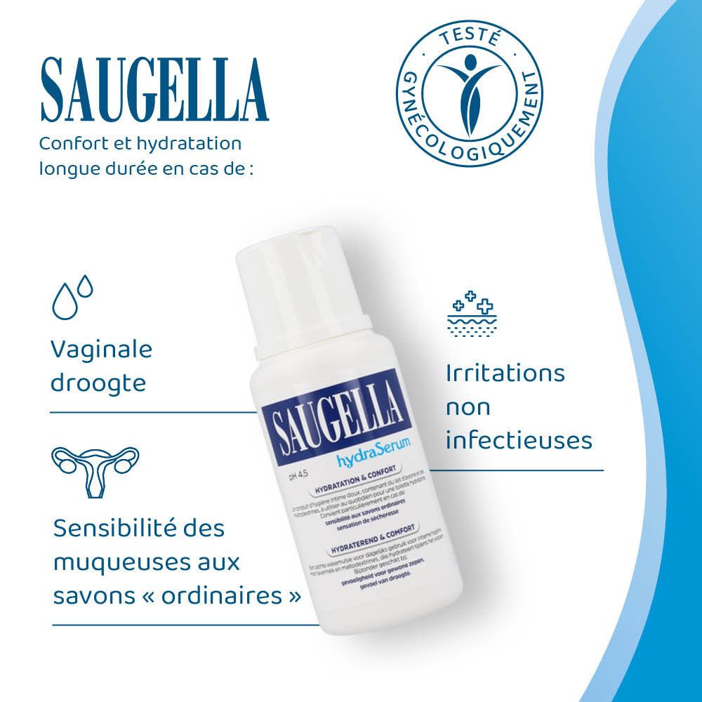 Flacon Saugella hydraSerum. Écriture bleue, fond blanc. 200 ml.