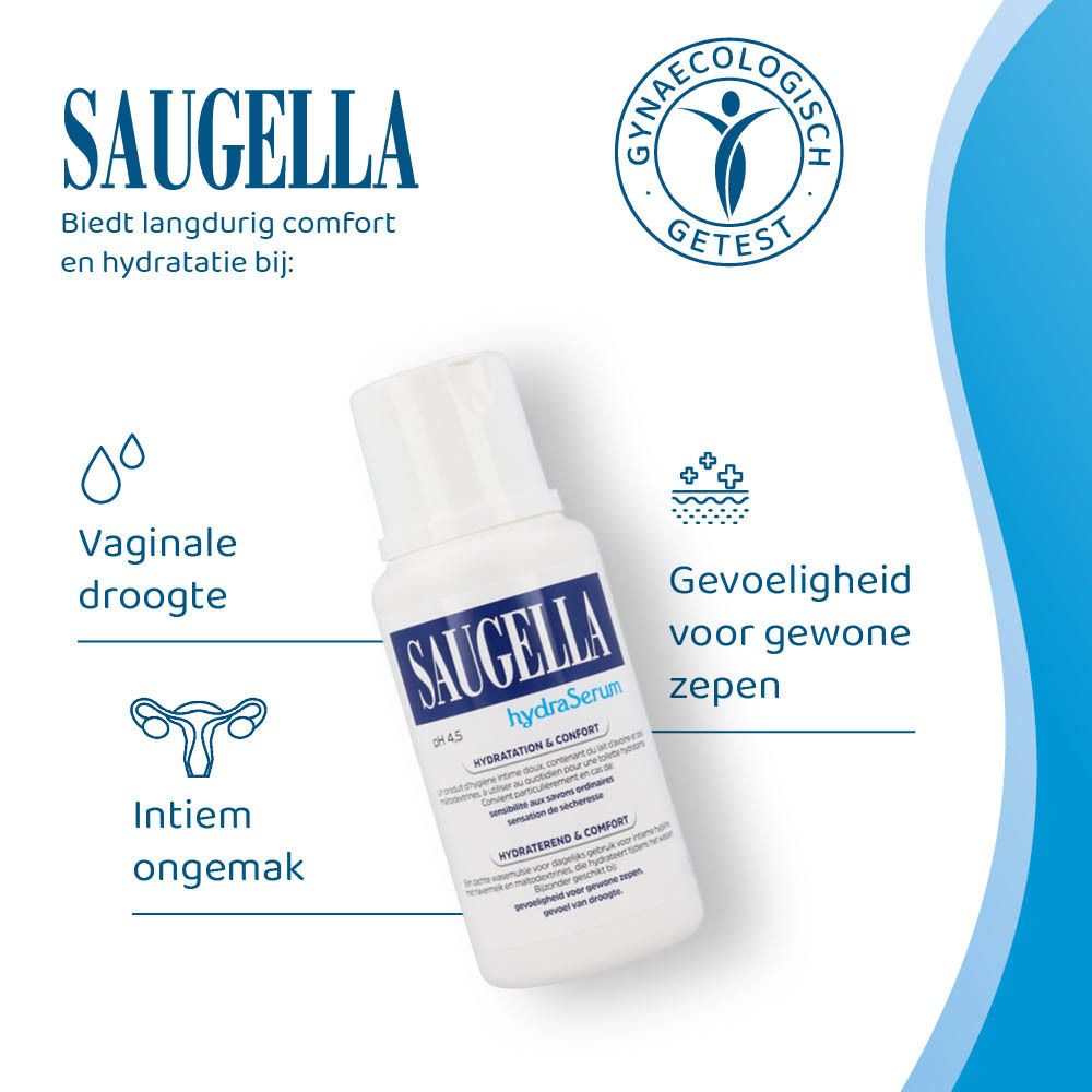 Saugella hydraSerum fles. Blauwe tekst, witte achtergrond. 200 ml.