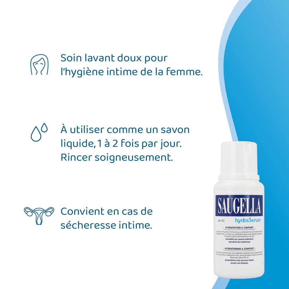 Flacon Saugella hydraSerum. Écriture bleue, fond blanc. 200 ml.