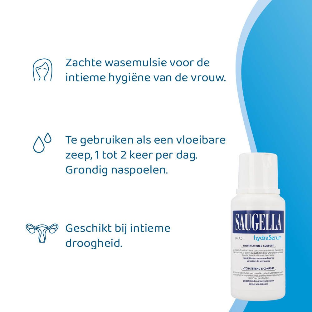 Saugella hydraSerum fles. Blauwe tekst, witte achtergrond. 200 ml.
