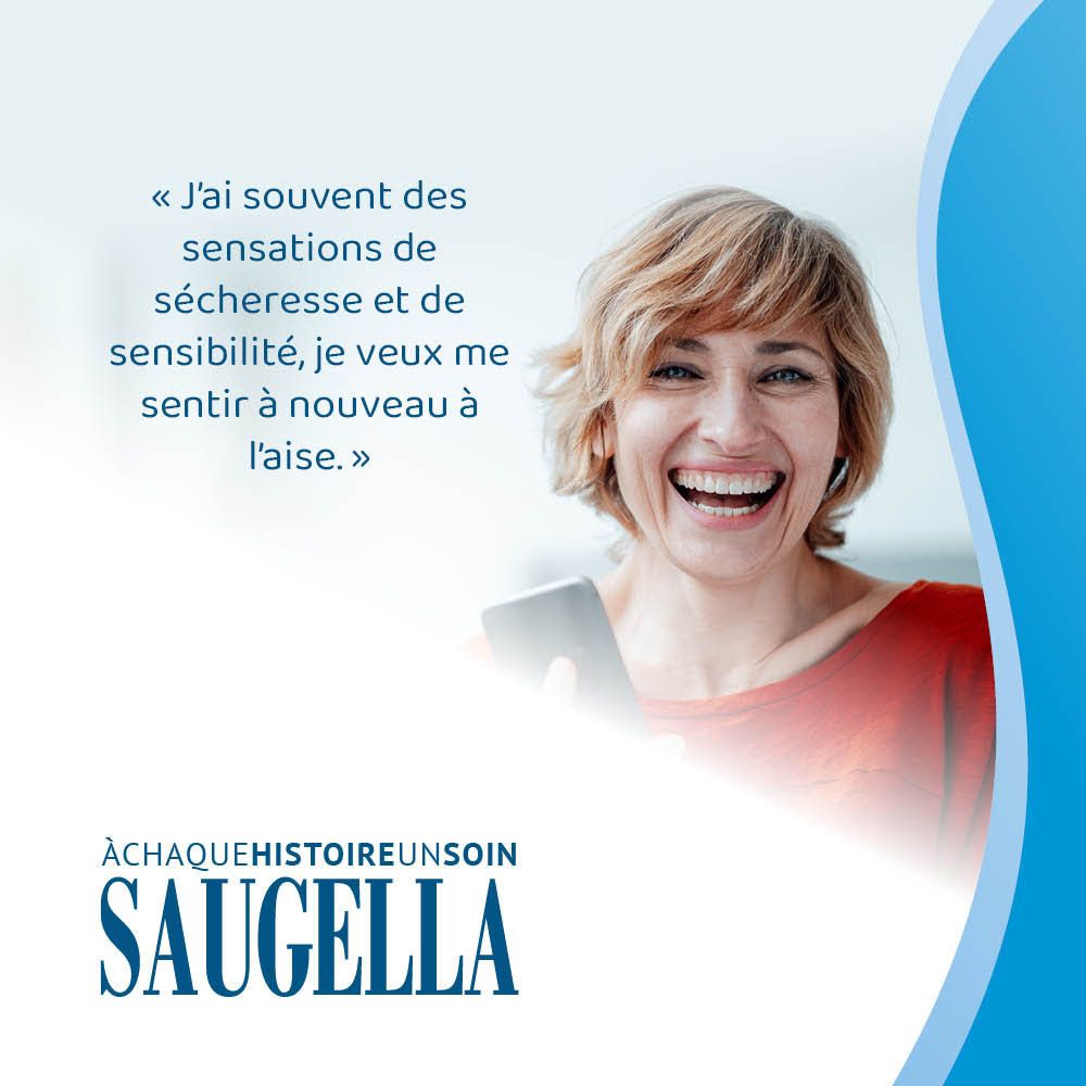 Flacon Saugella hydraSerum. Écriture bleue, fond blanc. 200 ml.
