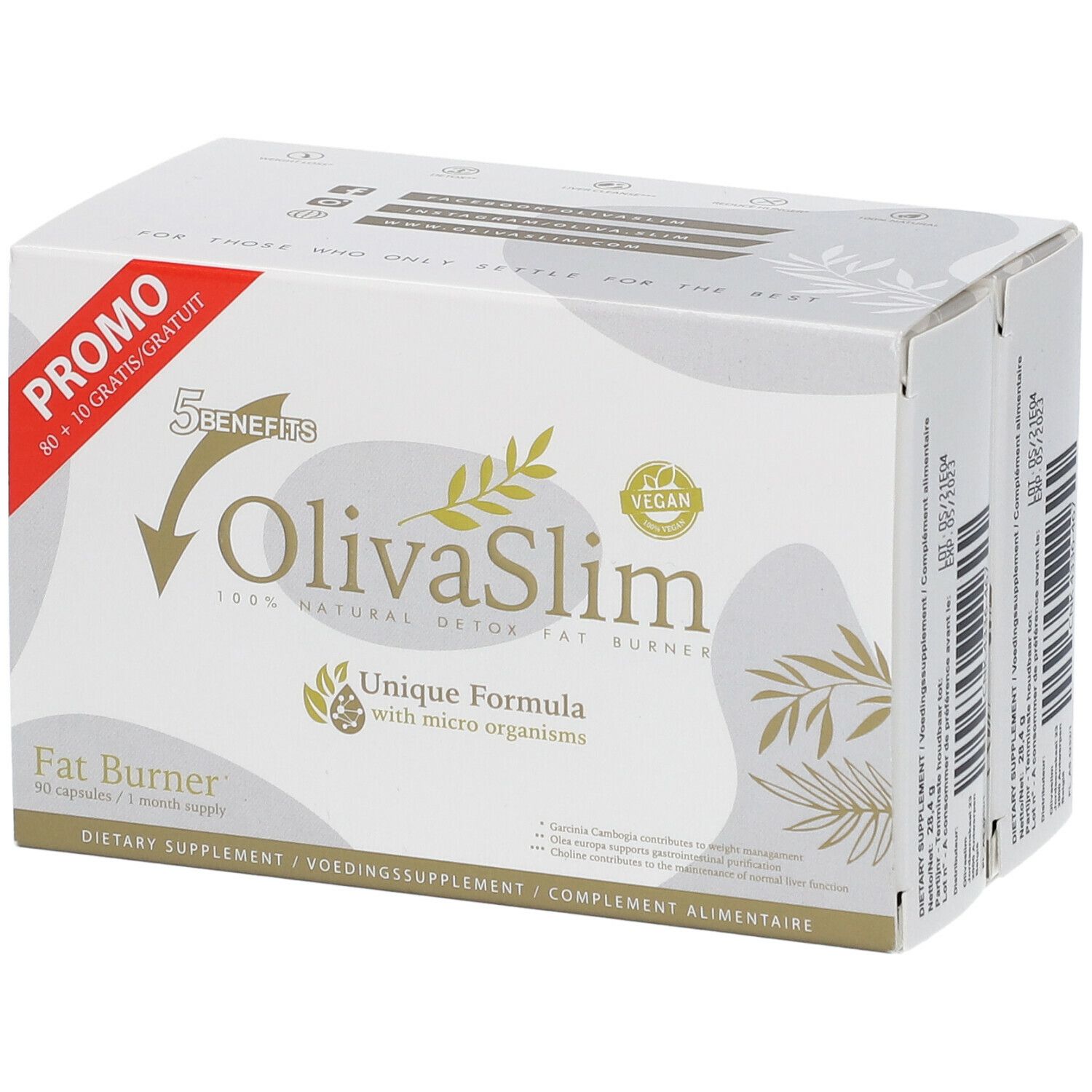 Verpackung von OlivaSlim Fat Burner. Weiß, mit Logo und Produktinformationen. Enthält 80+10 Kapseln.