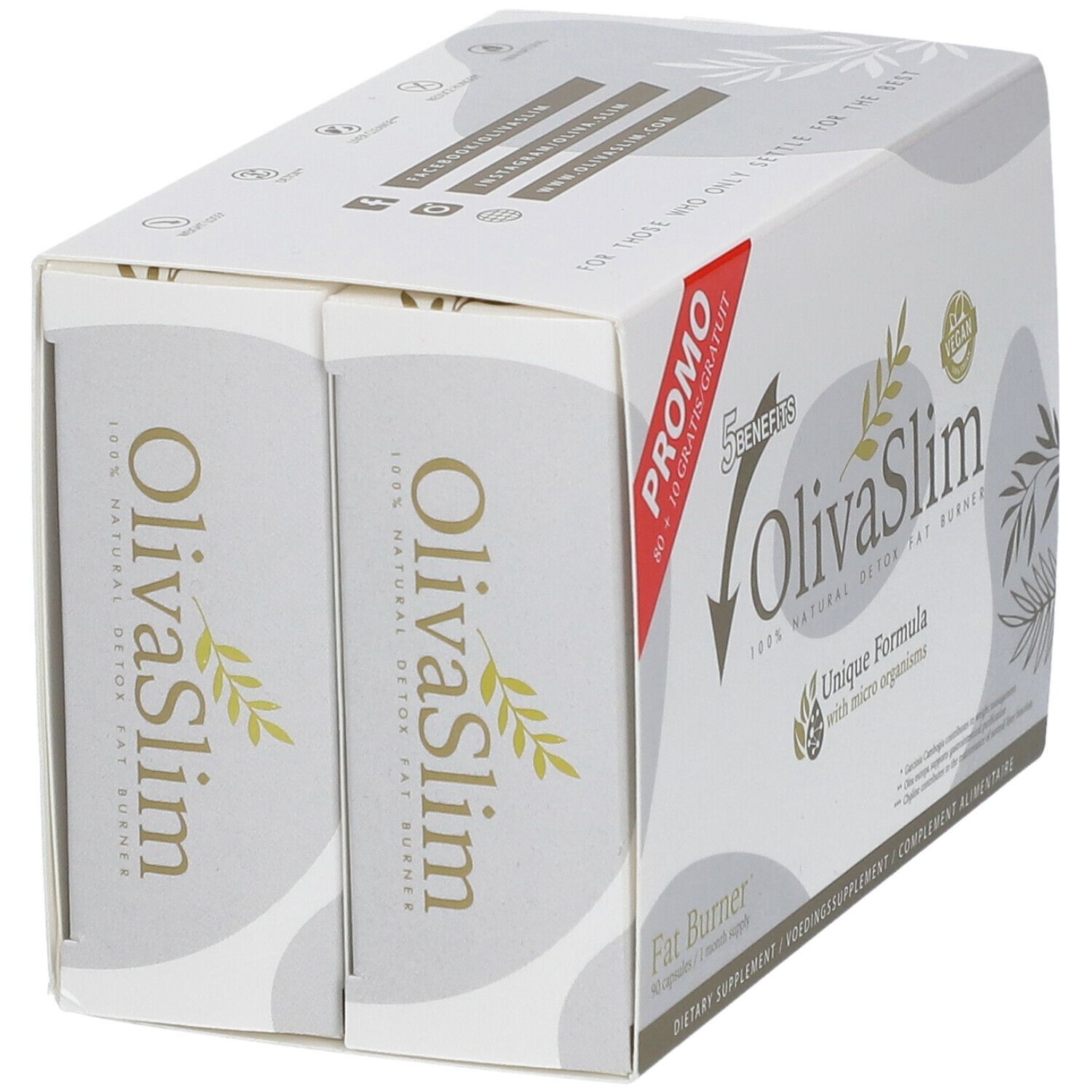 Zwei Verpackungen OlivaSlim Fat Burner. Weiß, mit Logo und Produktinformationen. Promo-Aufkleber.