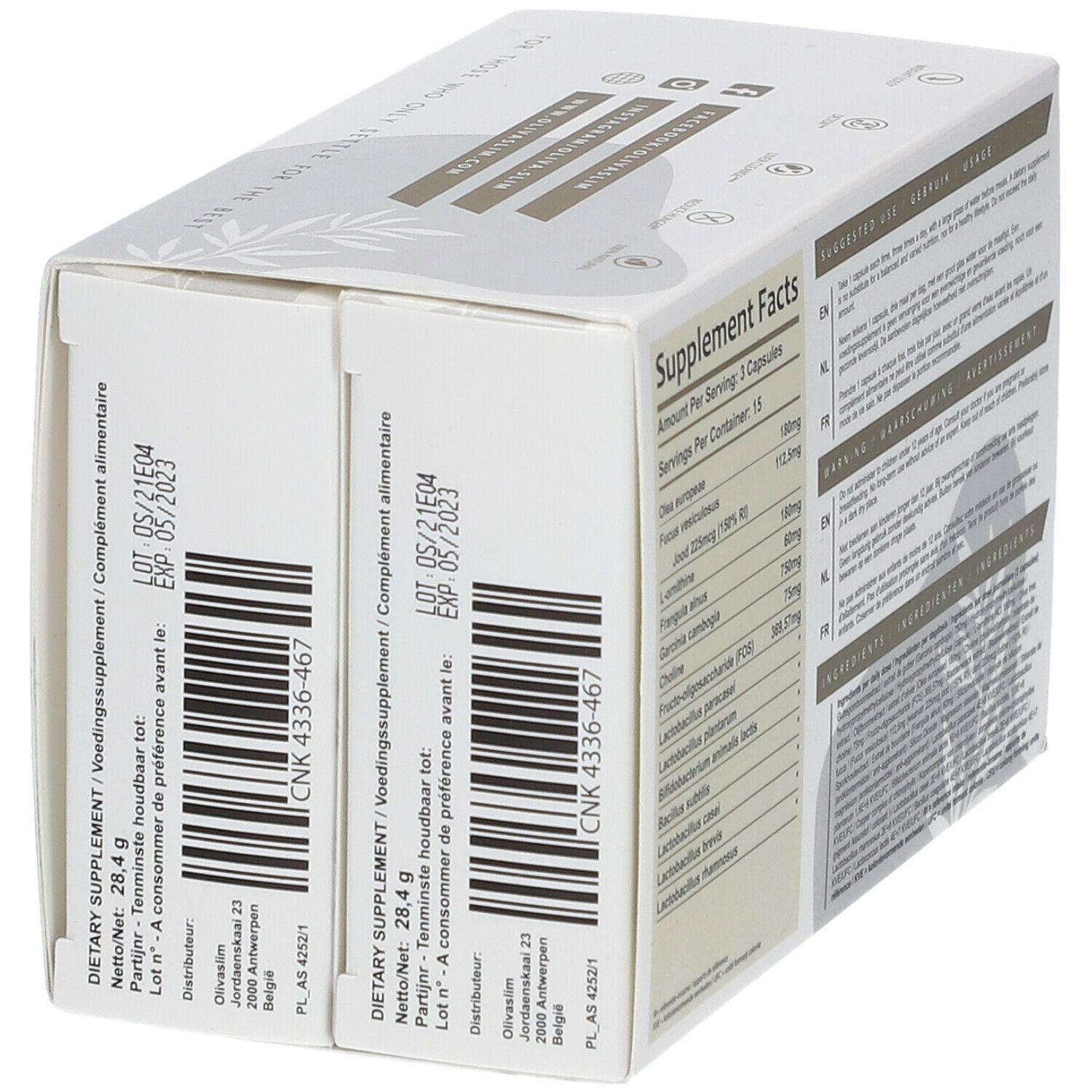 Rückseite von zwei Verpackungen OlivaSlim Fat Burner. Enthält Informationen zu Inhaltsstoffen und Chargennummern.