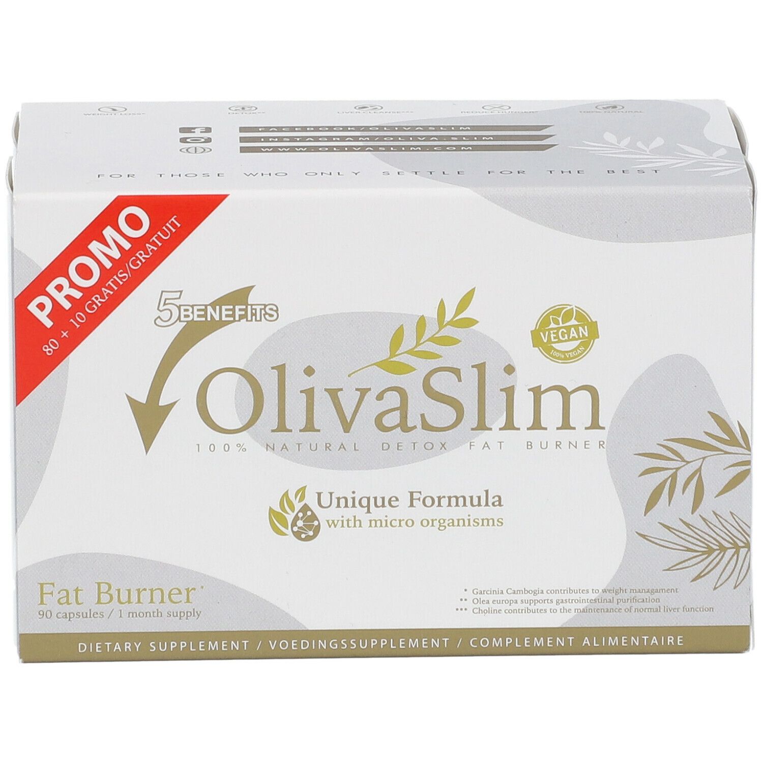 Verpackung OlivaSlim Fat Burner. Weiß, mit Logo und Produktinformationen. Enthält 90 Kapseln.
