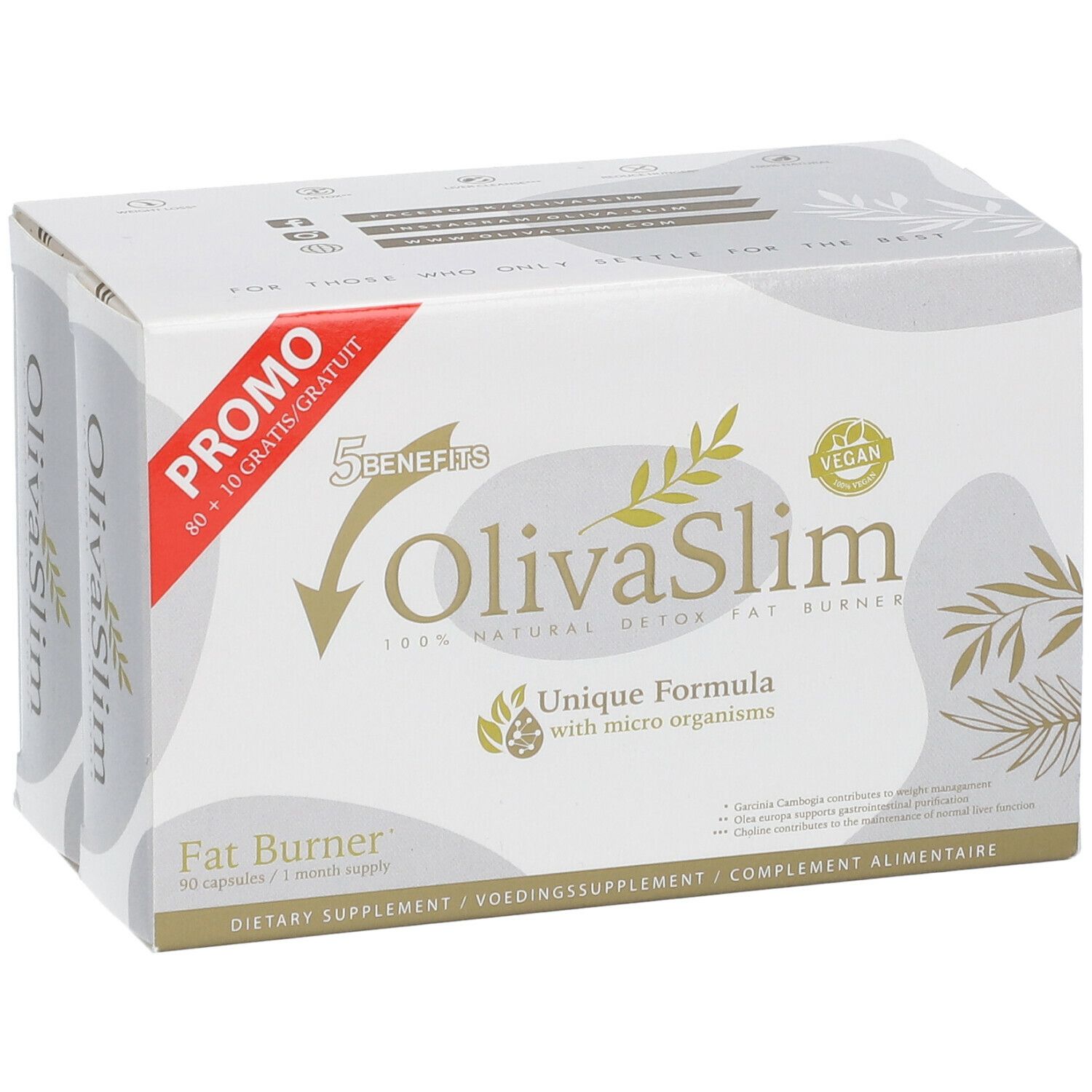 Zwei Verpackungen OlivaSlim Fat Burner. Weiß, mit Logo und Produktinformationen. Promo-Aufkleber.