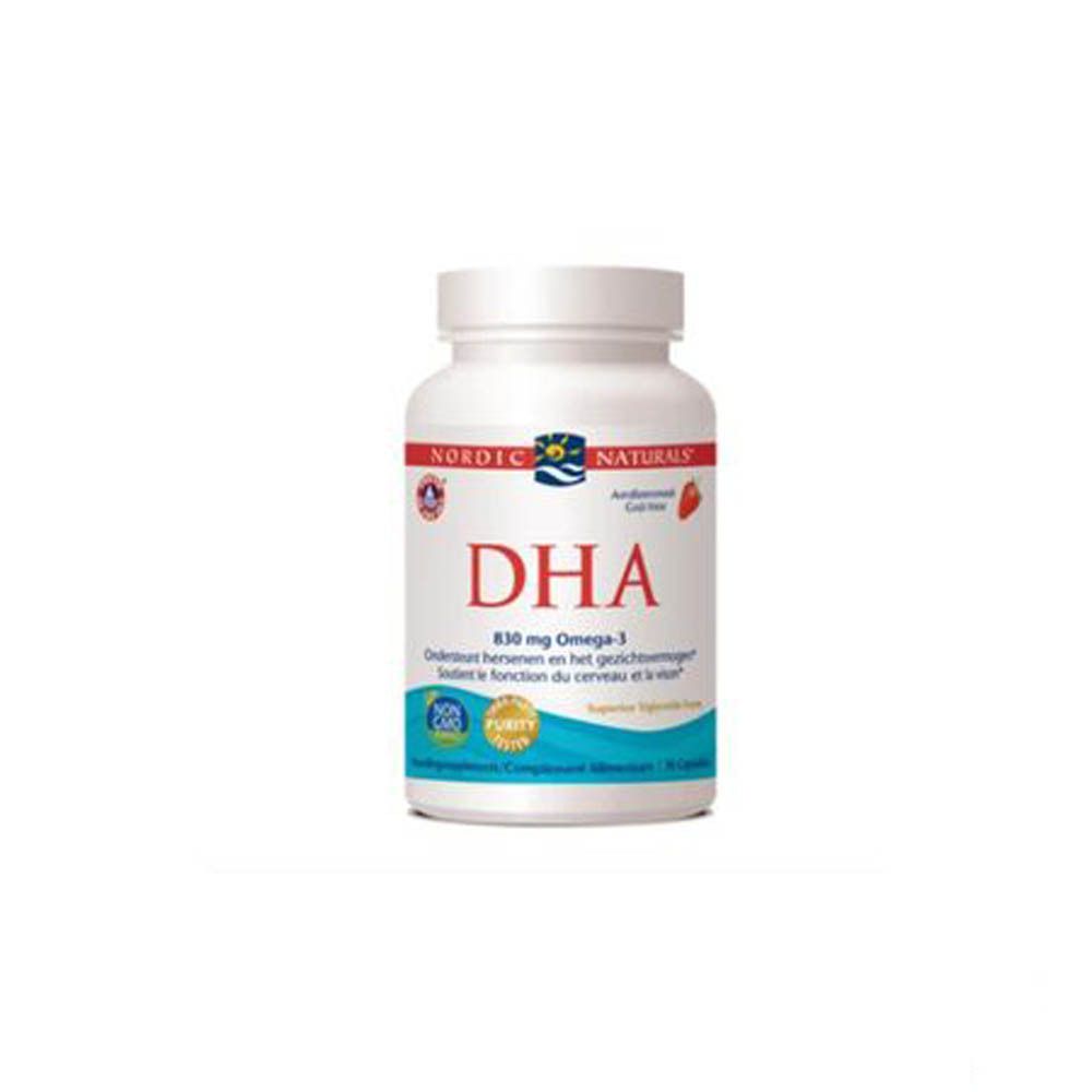 Witte fles met DHA-capsules. Opschrift: NORDIC NATURALS, DHA, 830 mg Omega-3. Aardbeiensmaak. Ondersteunt de hersenfunctie.
