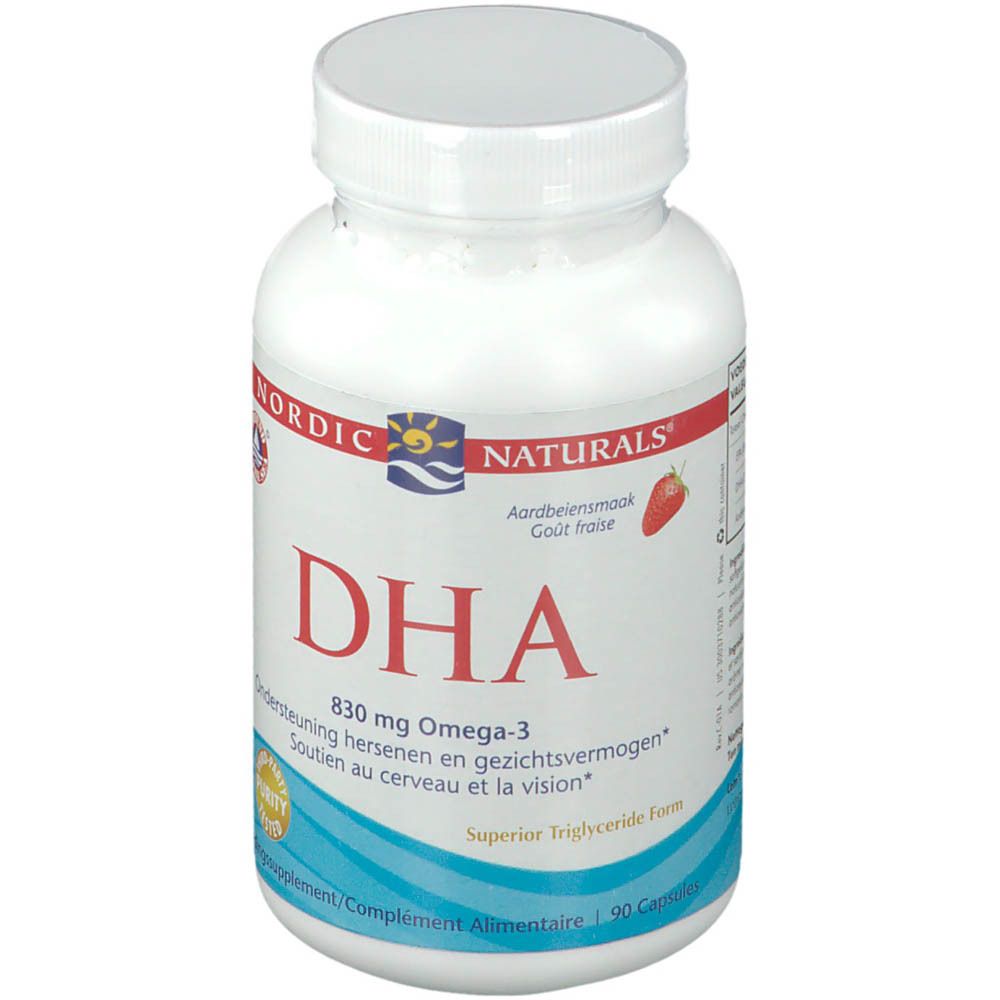 Flacon blanc de gélules DHA. Inscription: NORDIC NATURALS, DHA, 830 mg Oméga-3. Goût fraise. 90 gélules.