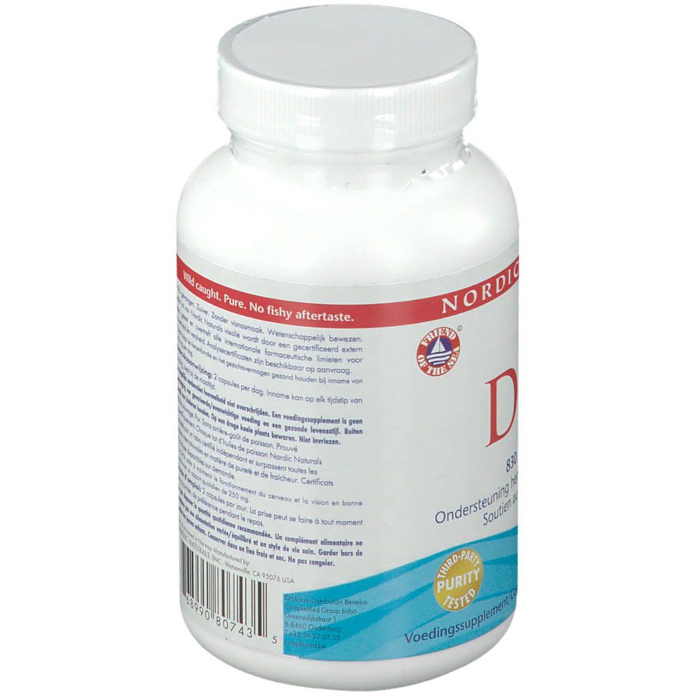 Flacon blanc de gélules DHA. Inscription: NORDIC NATURALS, DHA, 690 mg Oméga-3. Purity Tested. Complément alimentaire.