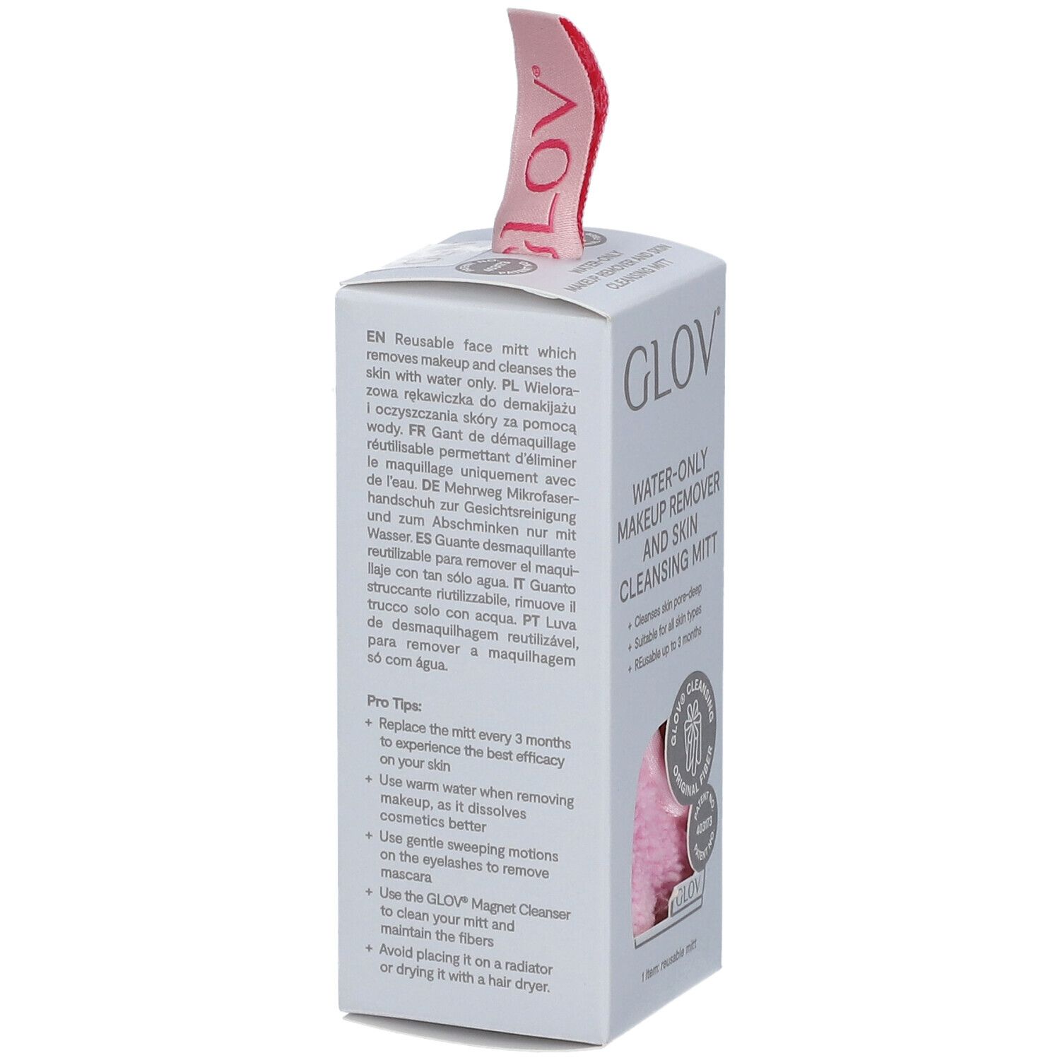 Verpakking met GLOV® reinigingshandschoen. Roze handschoen zichtbaar. Tekst: Waterreiniger, huidreiniger.