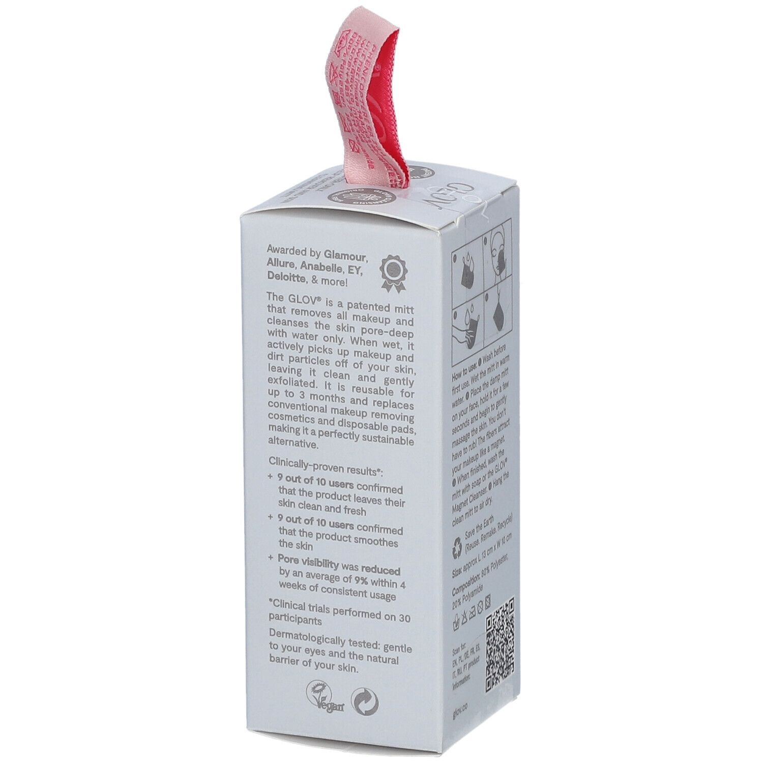 Verpakking GLOV®. Tekst: Gepatenteerd, klinisch bewezen. Certificering: Vegan.