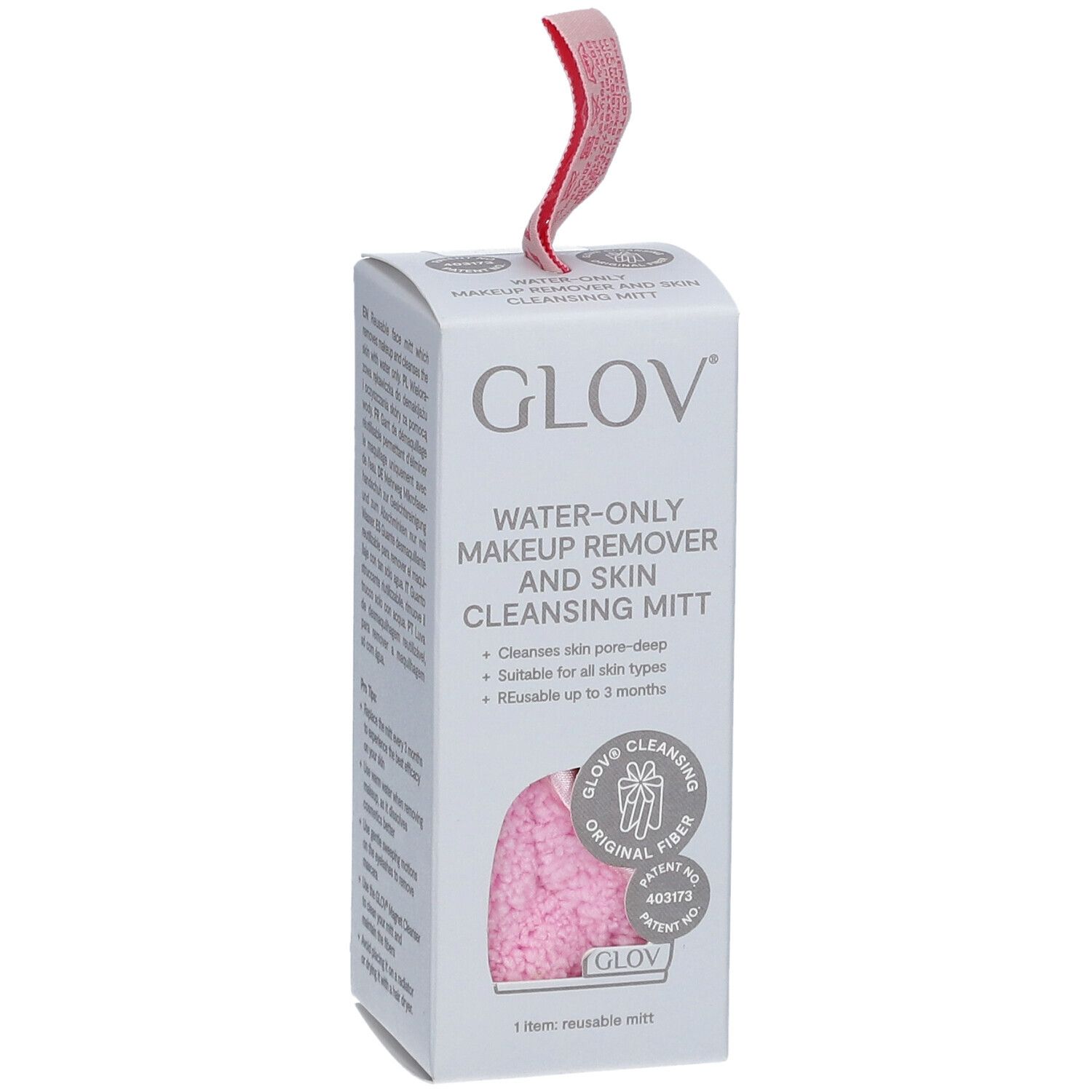 Verpakking met GLOV® reinigingshandschoen. Roze handschoen zichtbaar. Tekst: Waterreiniger, huidreiniger. Patent.