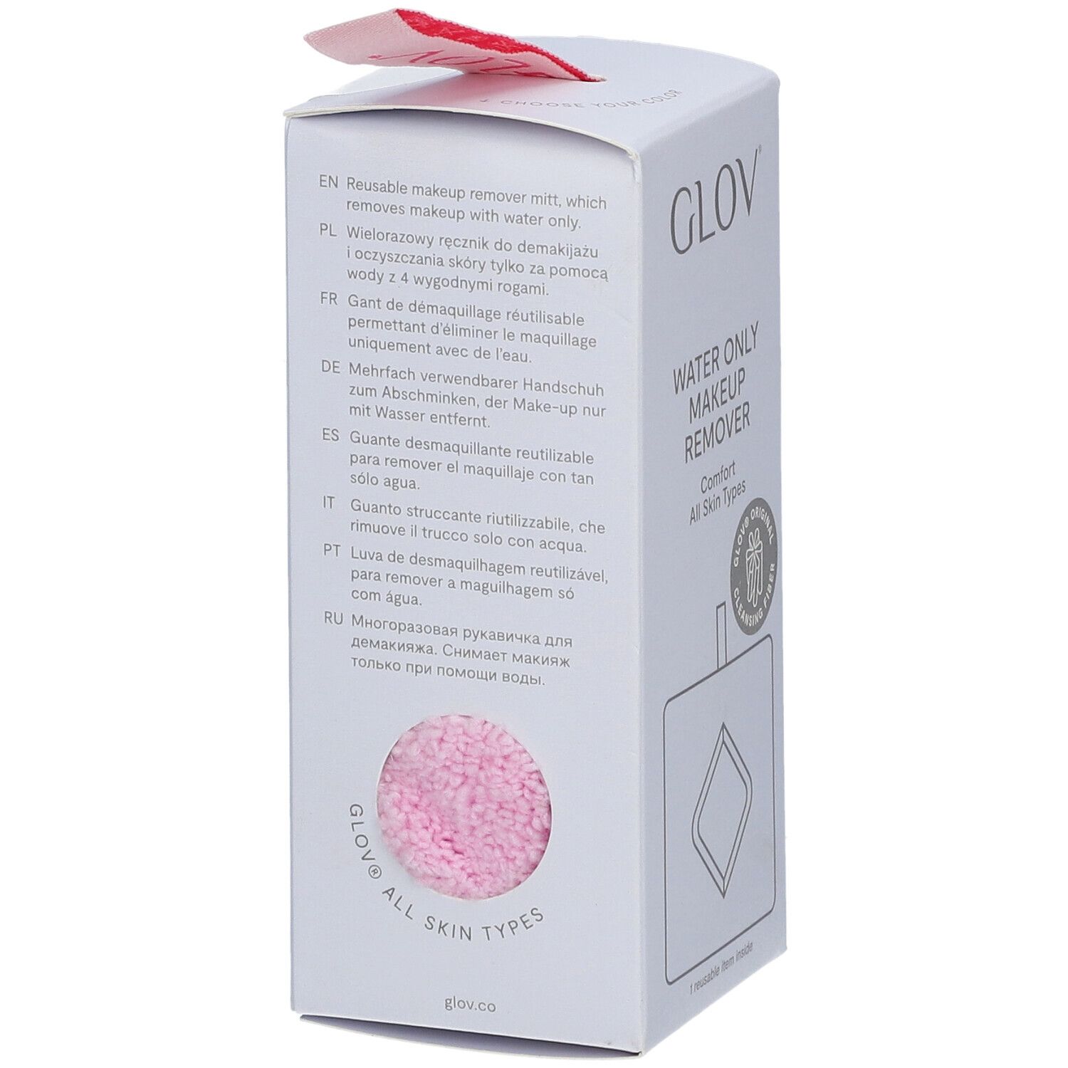 Emballage blanc avec logo GLOV et nom du produit. Démaquillant rose visible.