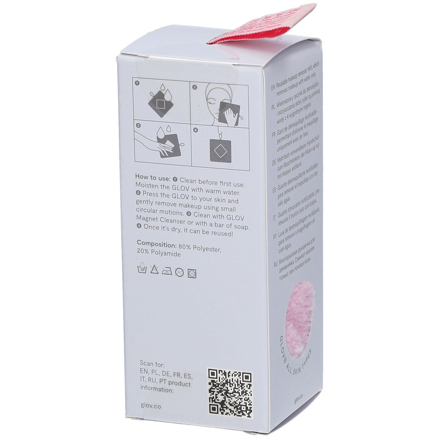 Emballage blanc avec instructions d'utilisation du démaquillant. Contient un code QR.