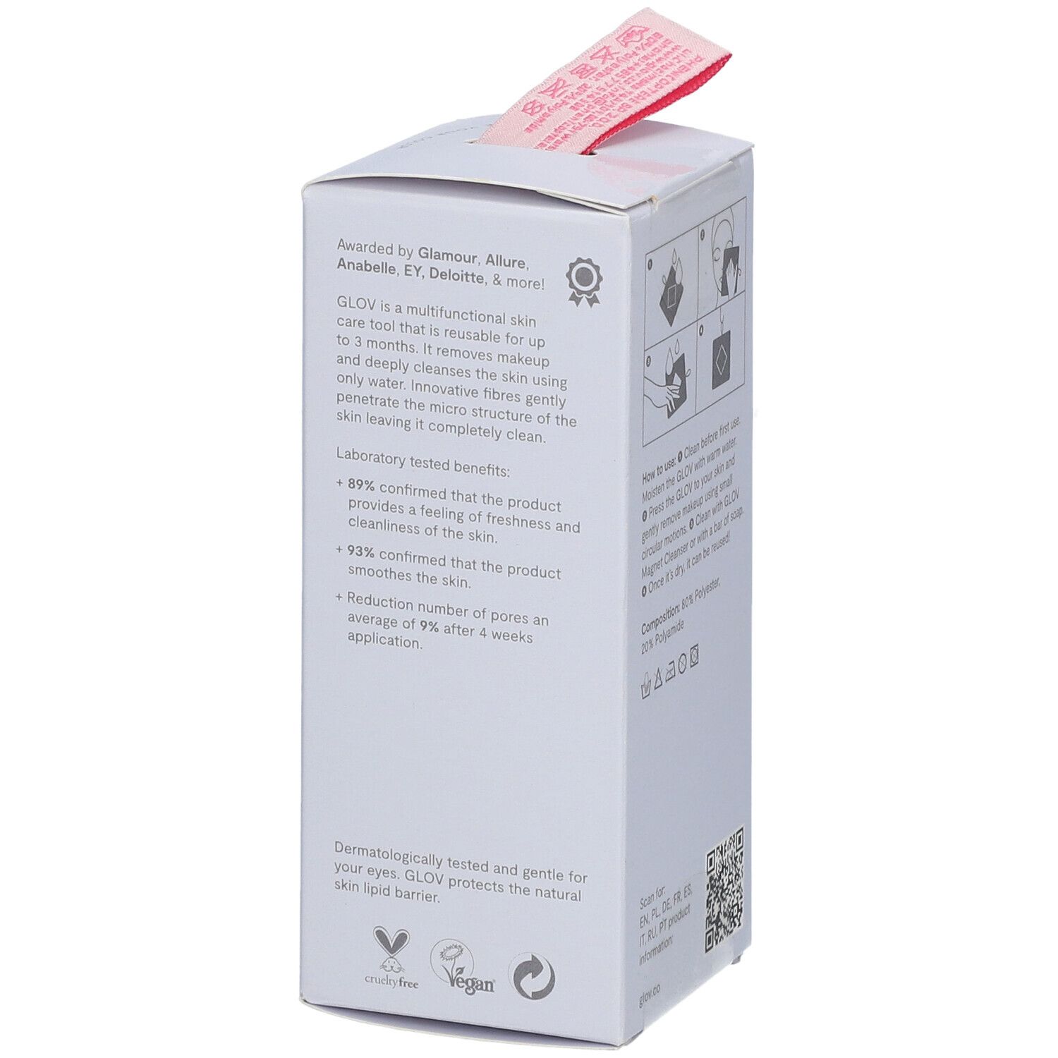 Verpackung eines Hautpflegeprodukts mit Anwendungsanleitung und Testergebnissen.
