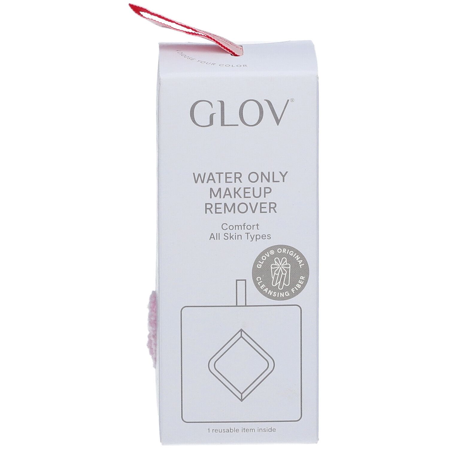 Emballage blanc avec logo GLOV et nom du produit. Demaquillant rose partiellement visible.